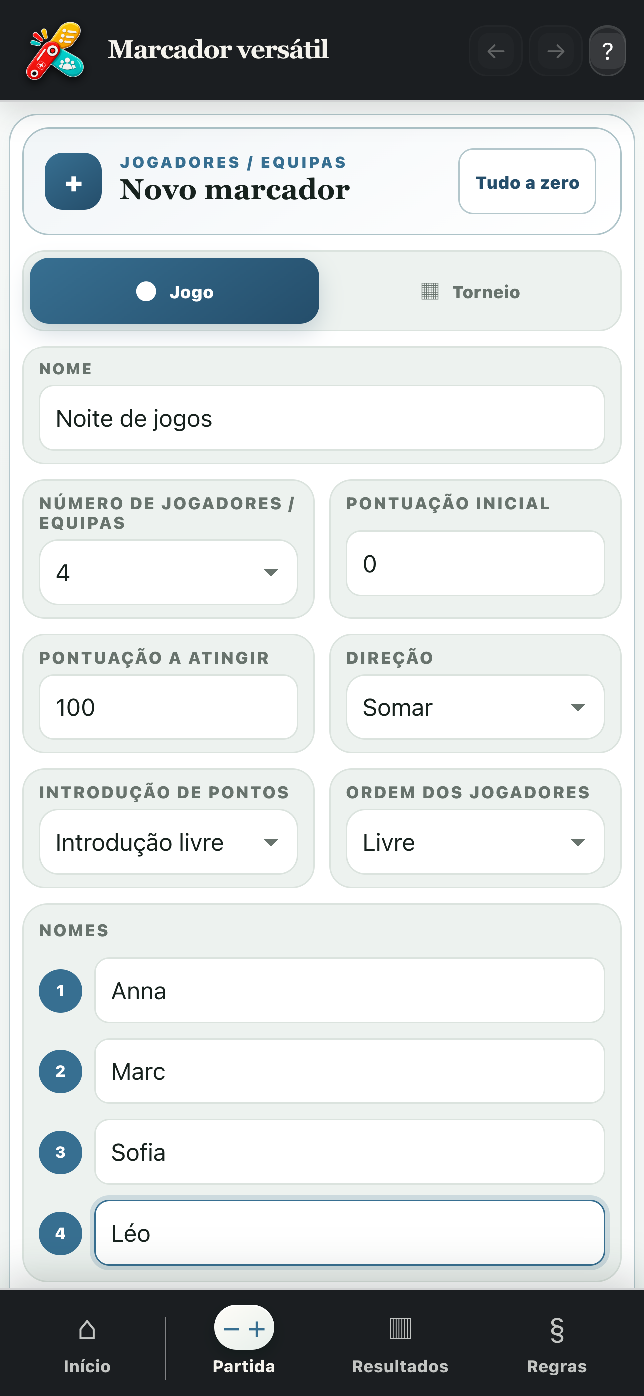 Configuração de um marcador personalizado para quatro participantes