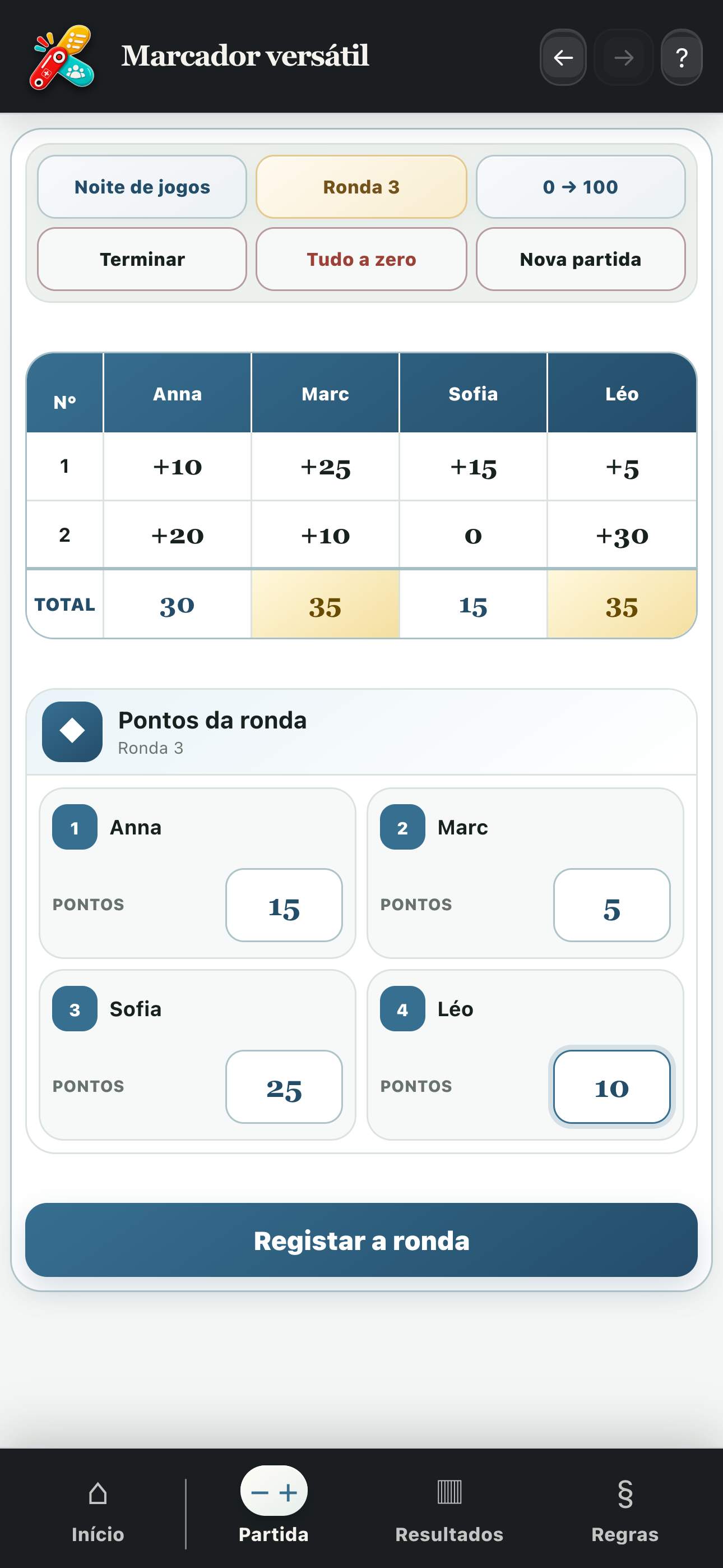 Introdução livre dos pontos de uma ronda com os totais