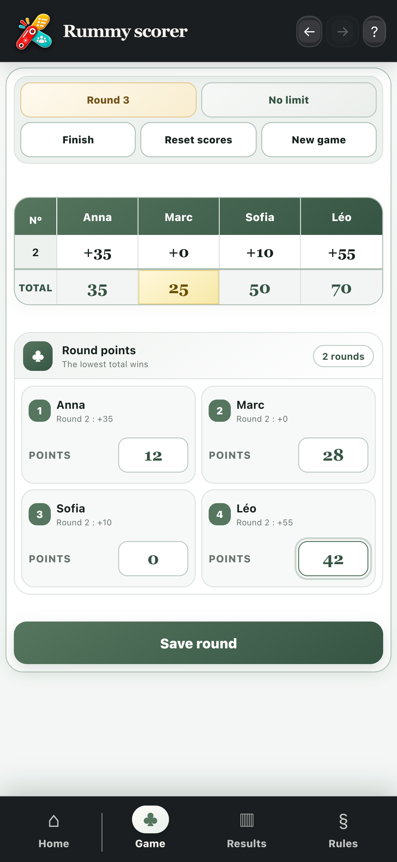 Entering points for a Rummy round with the current ranking