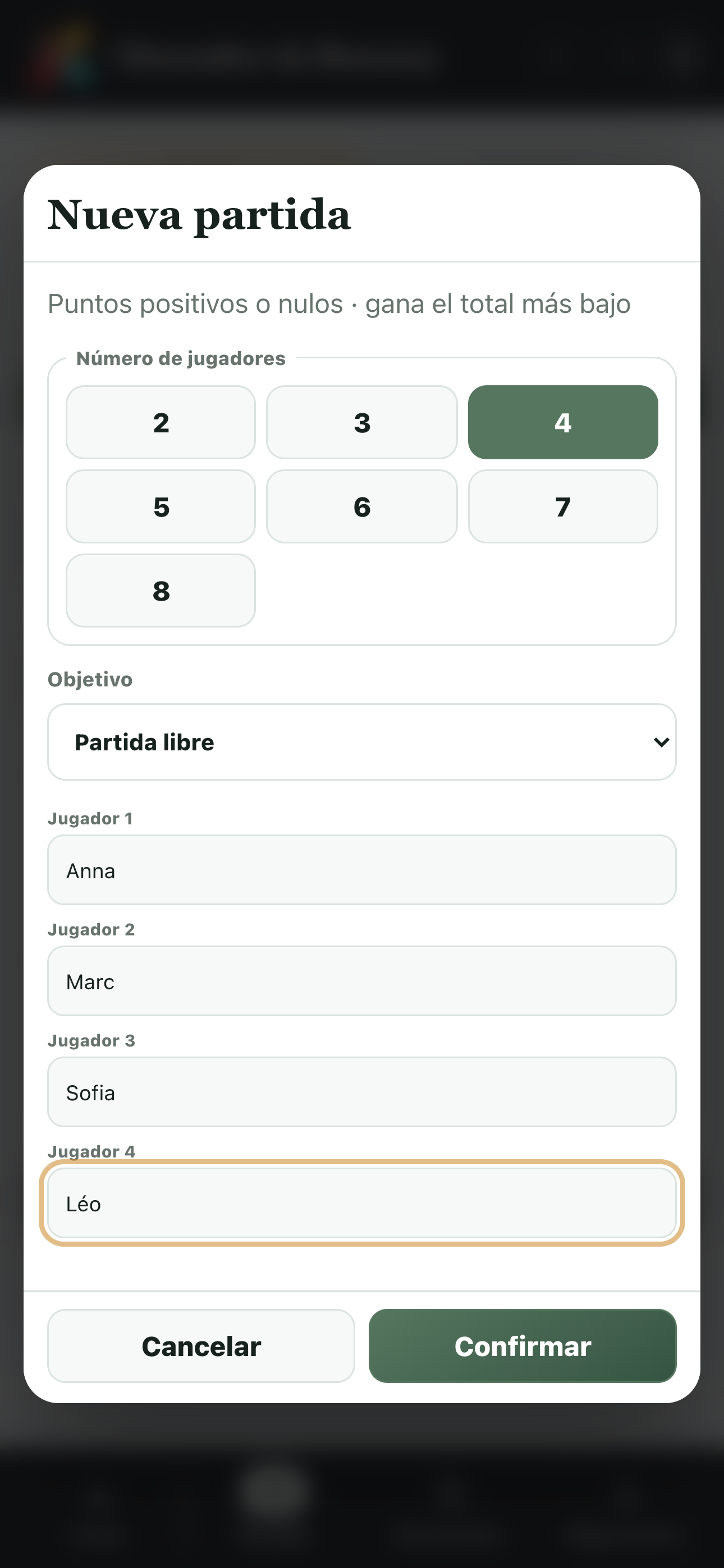 Preparación de una partida libre de Rummy para cuatro jugadores