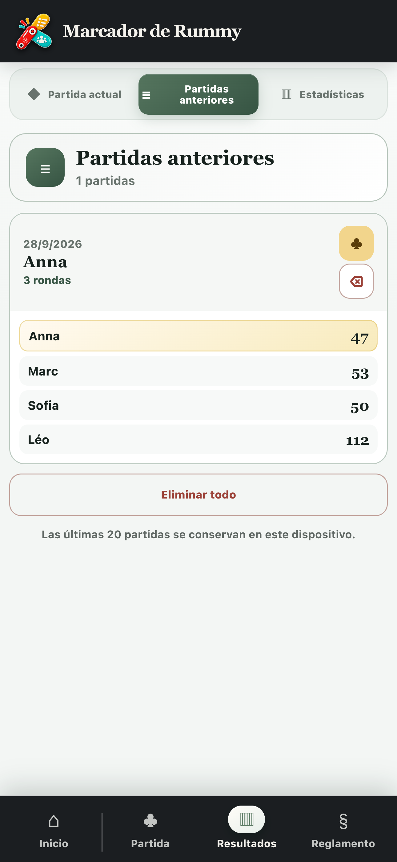 Historial de partidas de Rummy con ganador y clasificación final