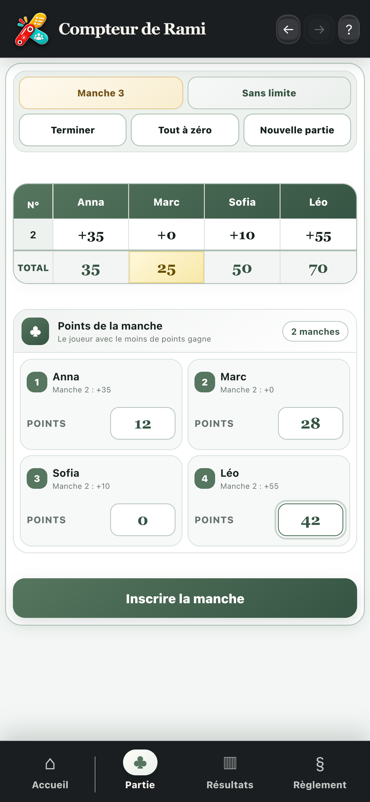 Saisie des points d’une manche de Rami avec le classement actuel