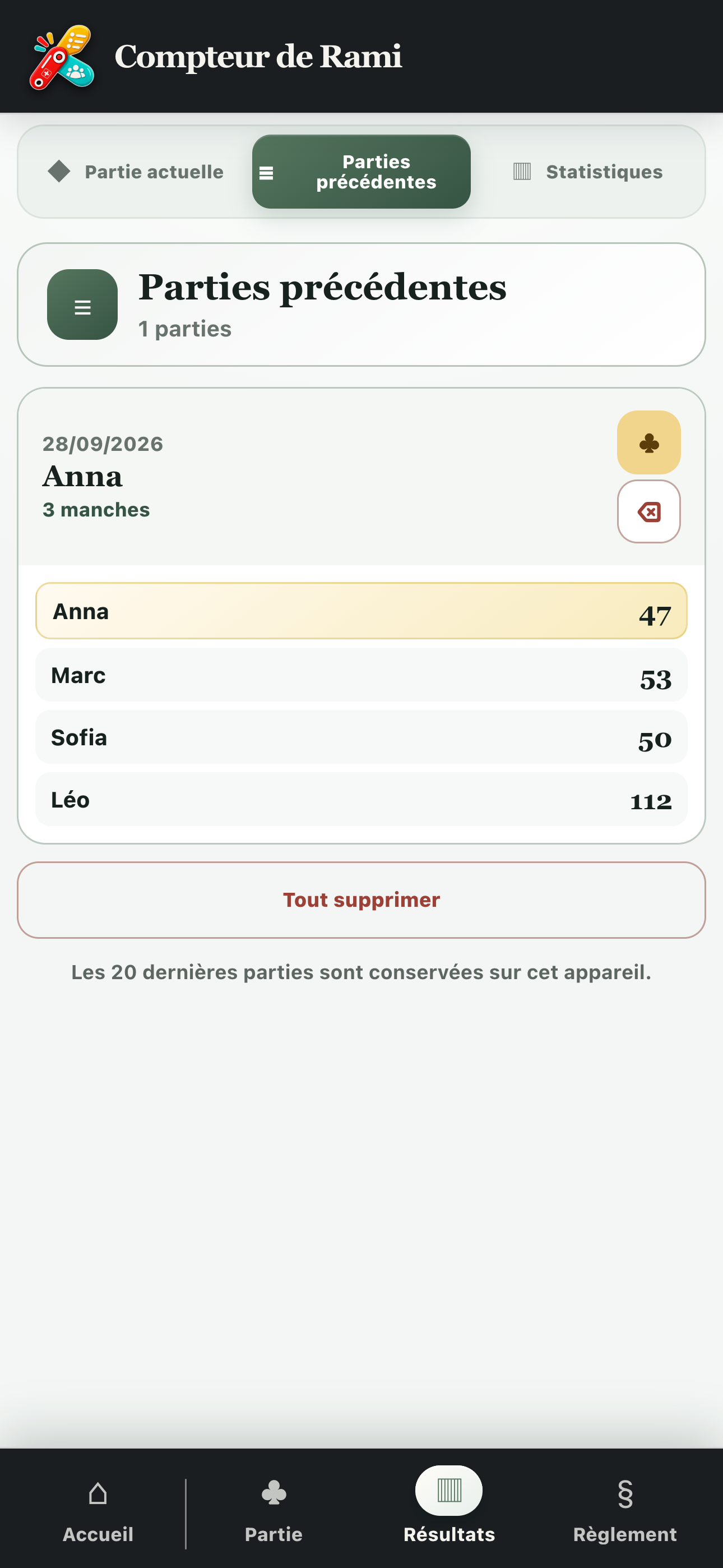 Historique des parties de Rami avec le gagnant et le classement final