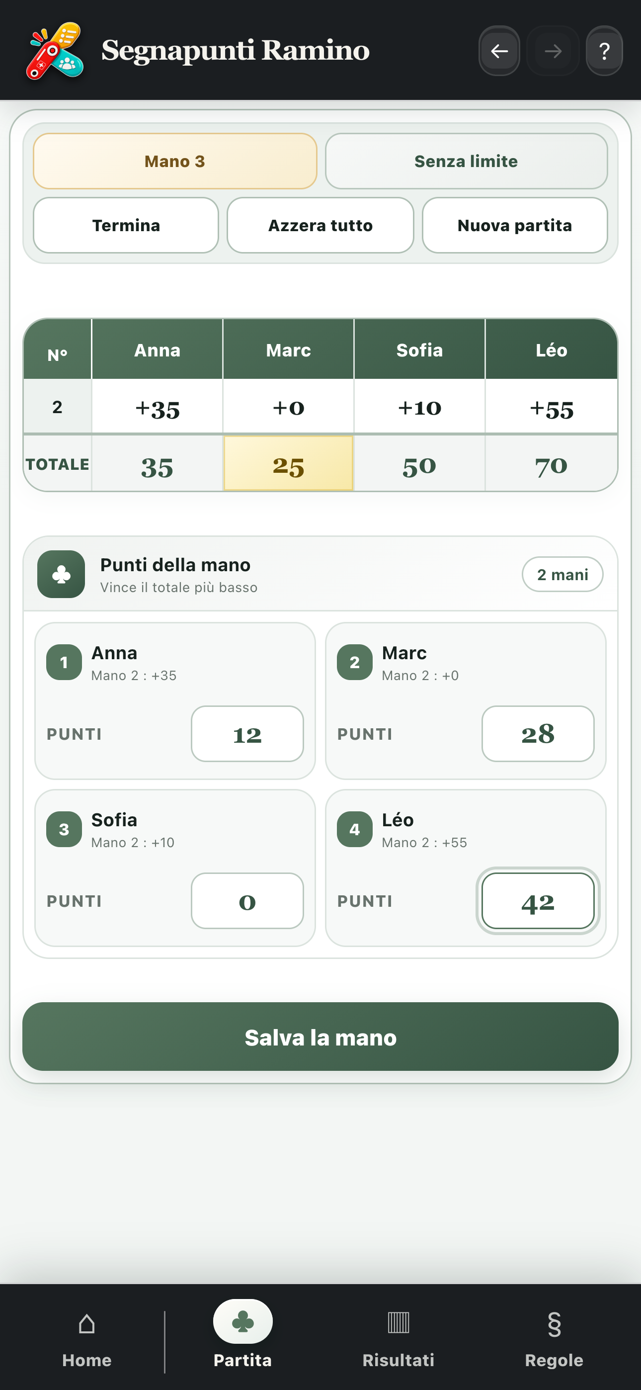 Inserimento dei punti di una mano di Ramino con la classifica attuale