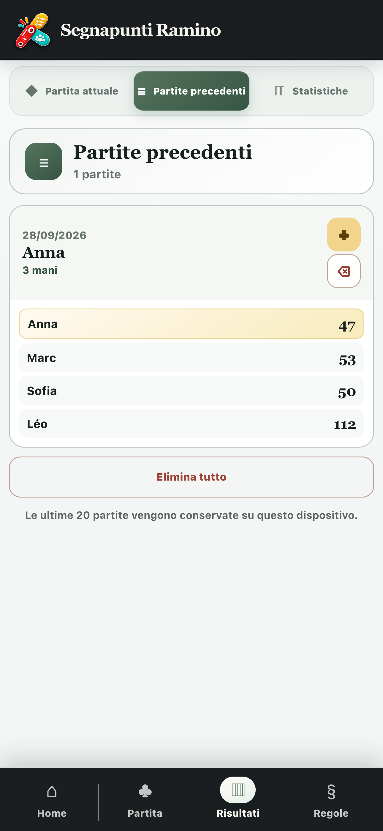 Storico delle partite di Ramino con vincitore e classifica finale