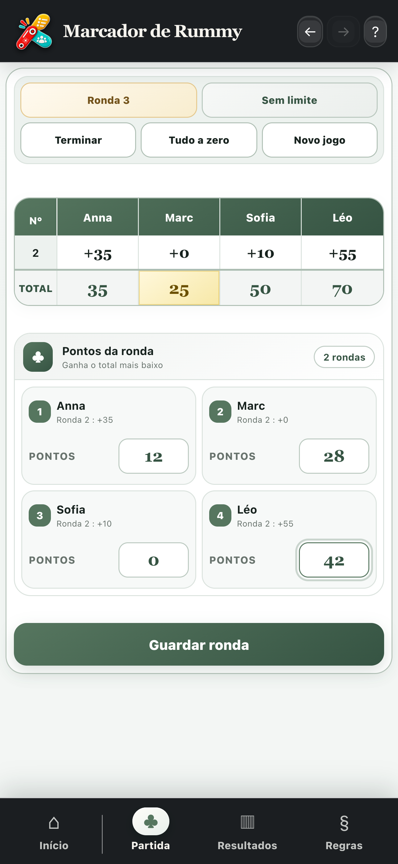 Introdução dos pontos de uma ronda de Rummy com a classificação atual