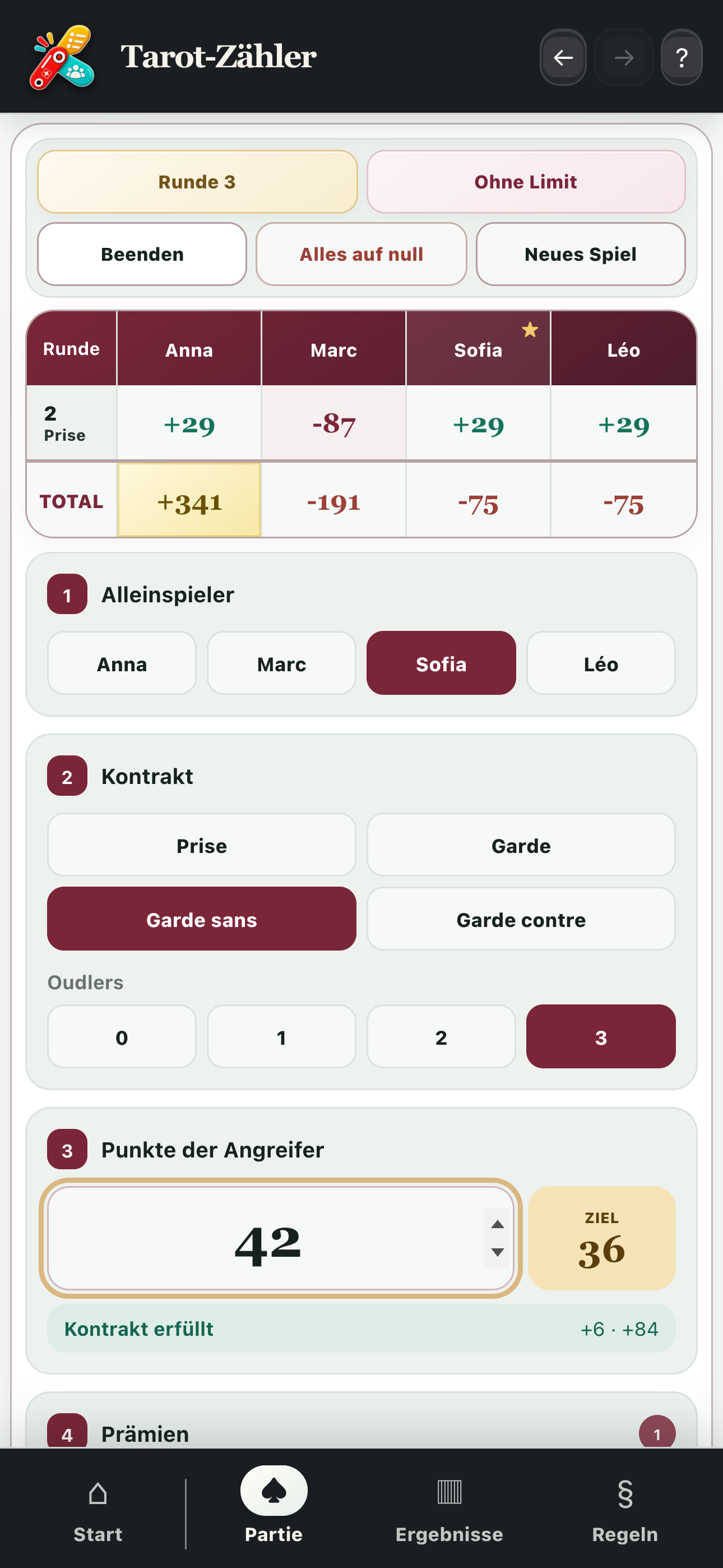 Berechnung einer Runde mit Alleinspieler, Kontrakt, Oudlers und Punkten