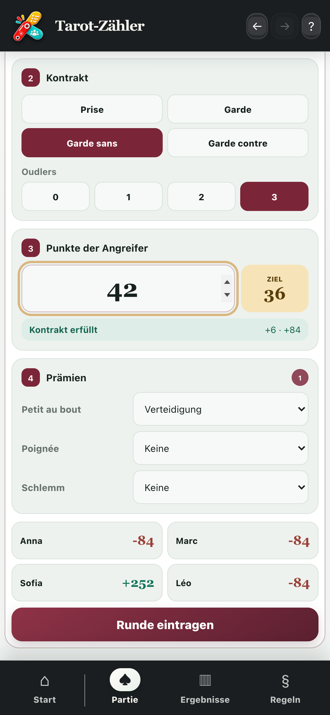 Unterer Teil der Eingabe mit Prämien und Schaltfläche zum Speichern der Runde