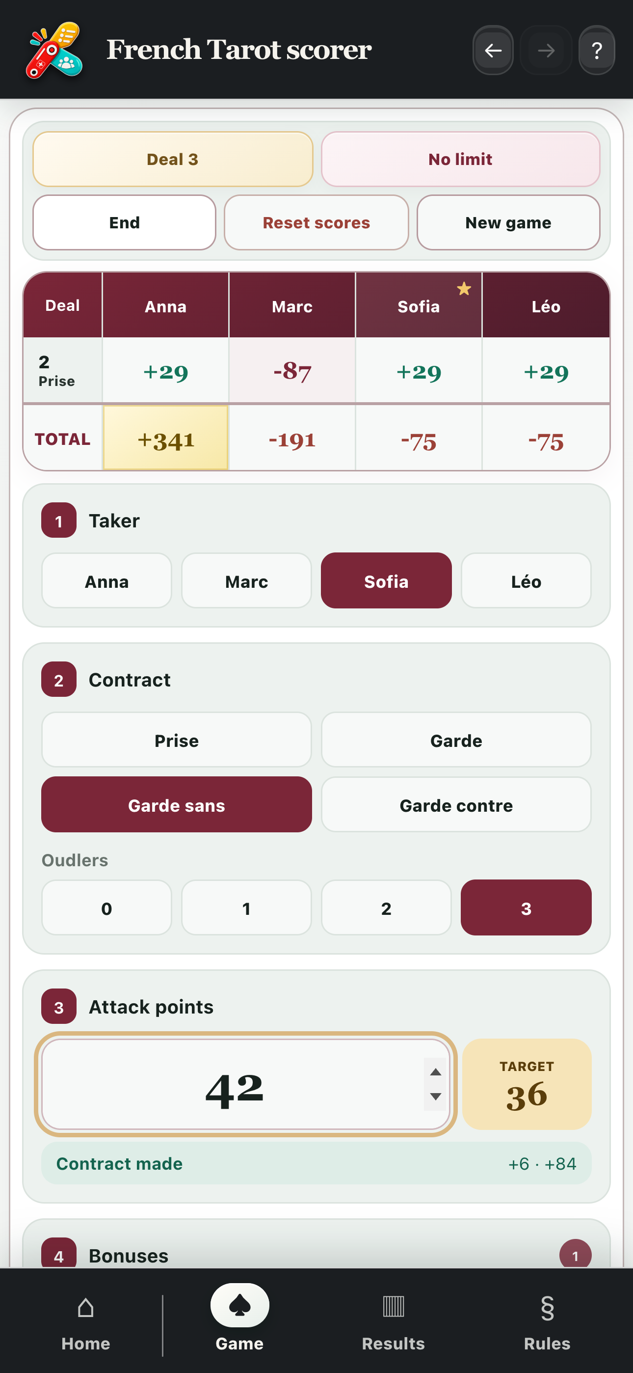 Calculating a deal with taker, contract, oudlers and points