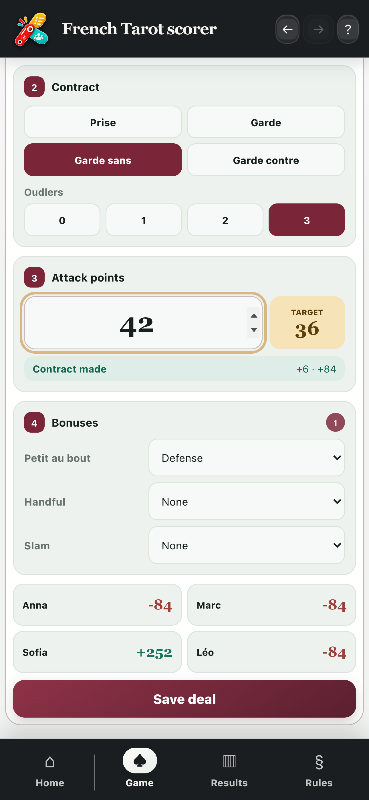 Lower part of the scoring form with bonuses and the button to save the deal