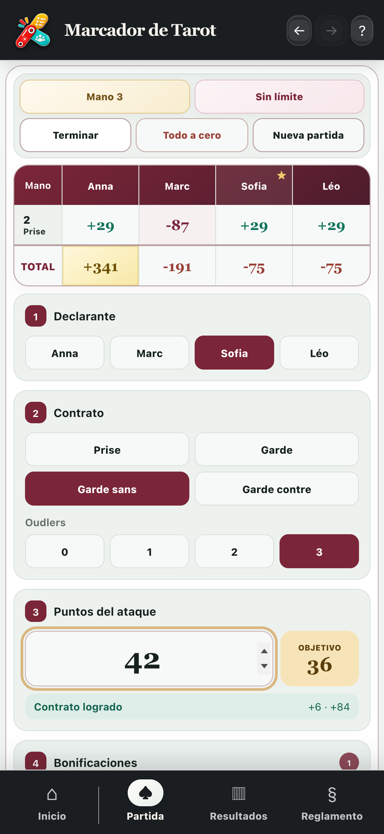 Cálculo de una mano con declarante, contrato, oudlers y puntos