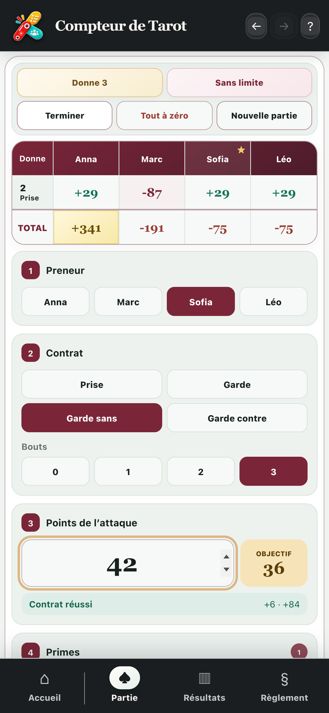 Calcul d’une donne avec preneur, contrat, bouts et points