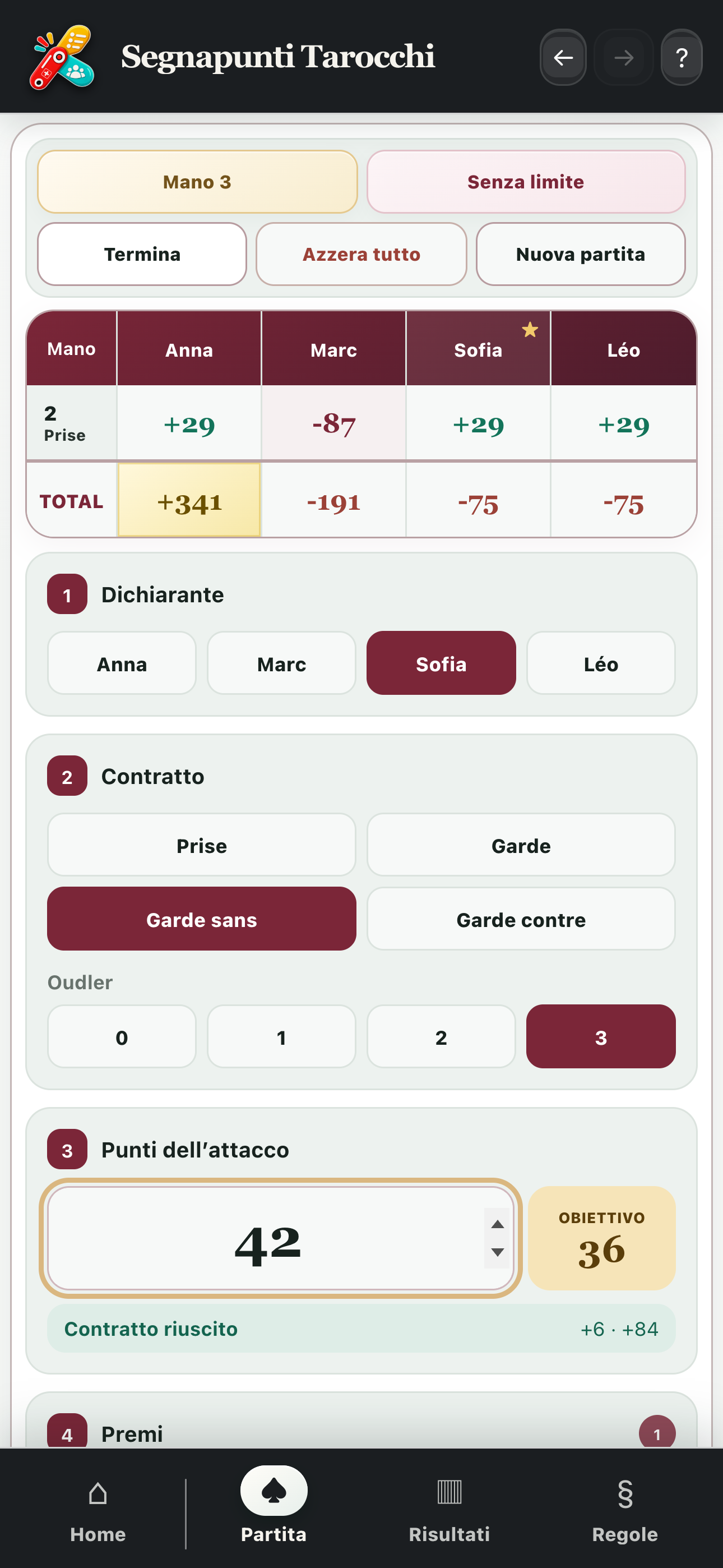 Calcolo di una mano con dichiarante, contratto, oudler e punti