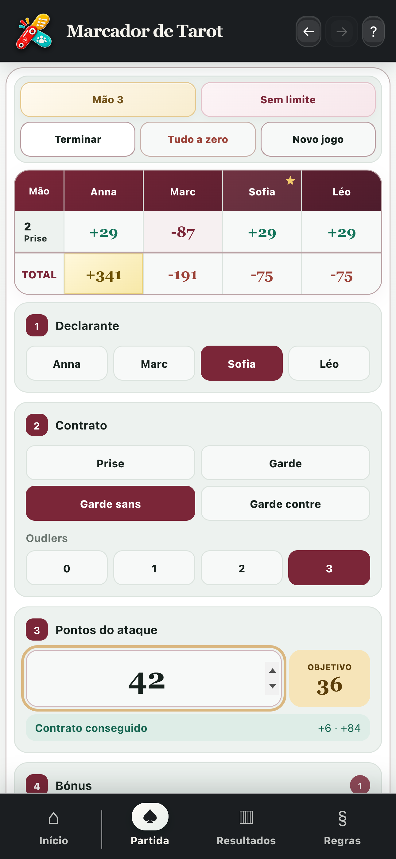 Cálculo de uma mão com declarante, contrato, oudlers e pontos