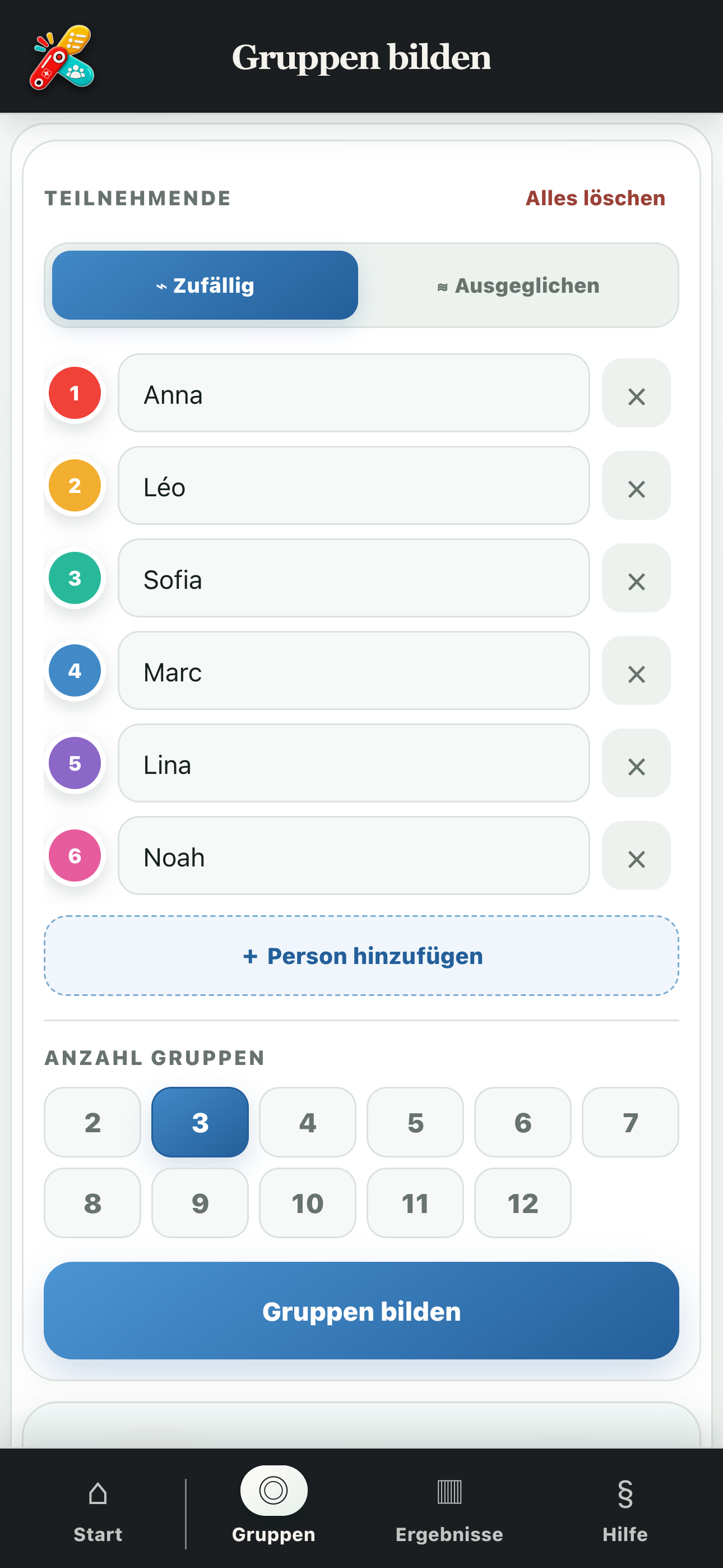 Teilnehmende zur zufälligen Aufteilung in drei Gruppen