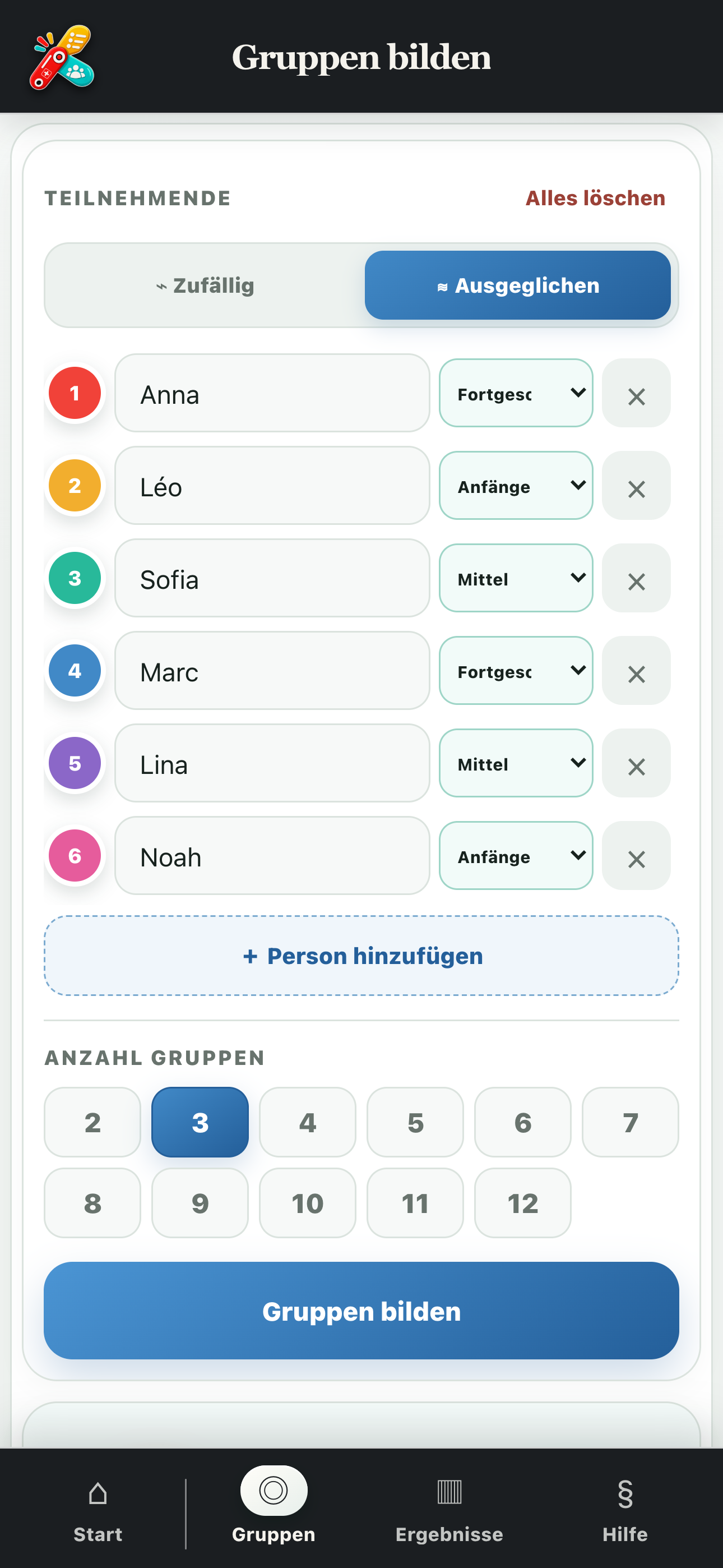 Teilnehmende mit ihren Niveaus im ausgeglichenen Modus