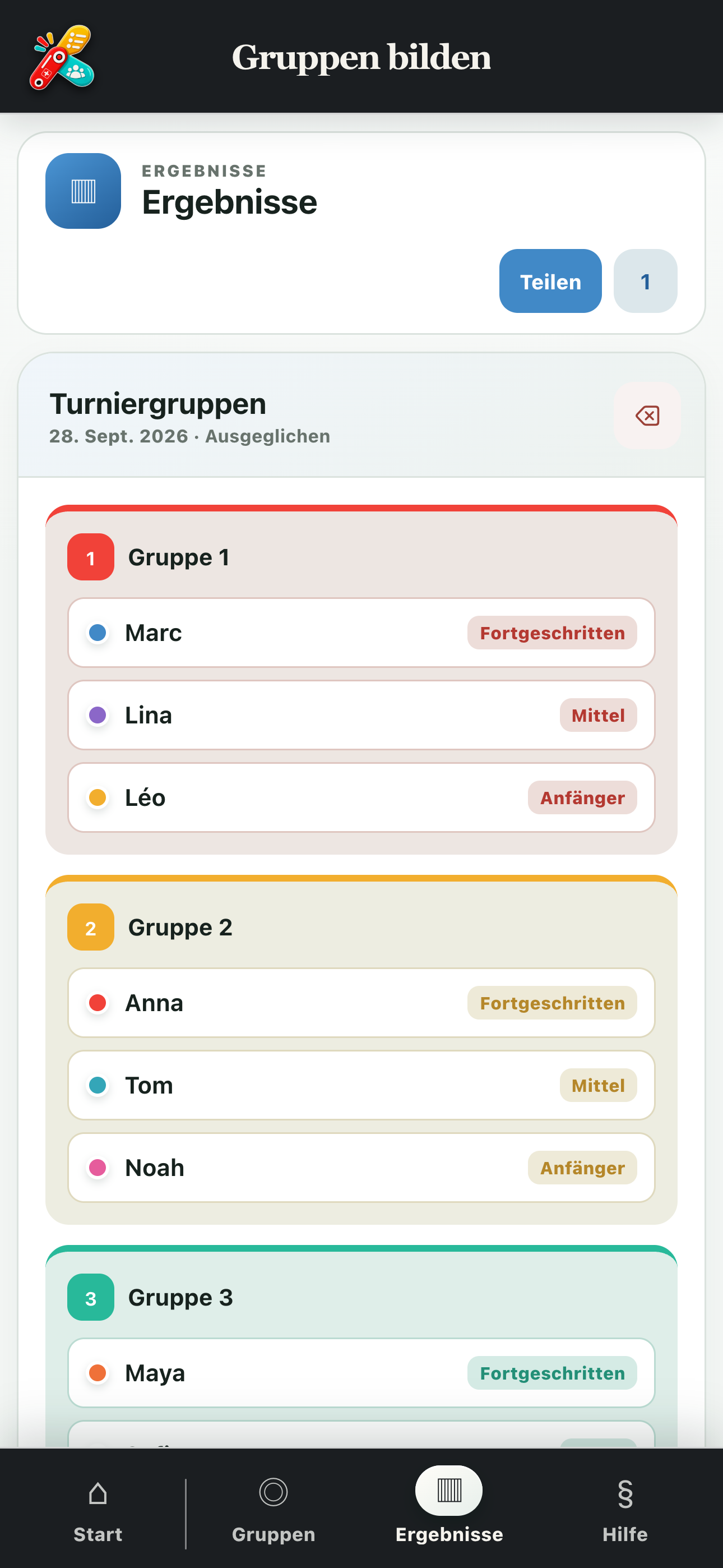 Gespeichertes Ergebnis mit der Übersicht der gebildeten Gruppen