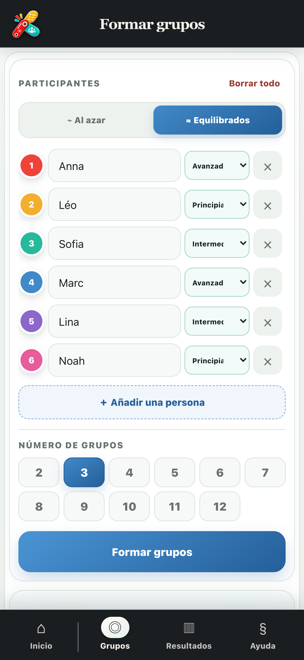 Participantes con sus niveles en el modo de grupos equilibrados