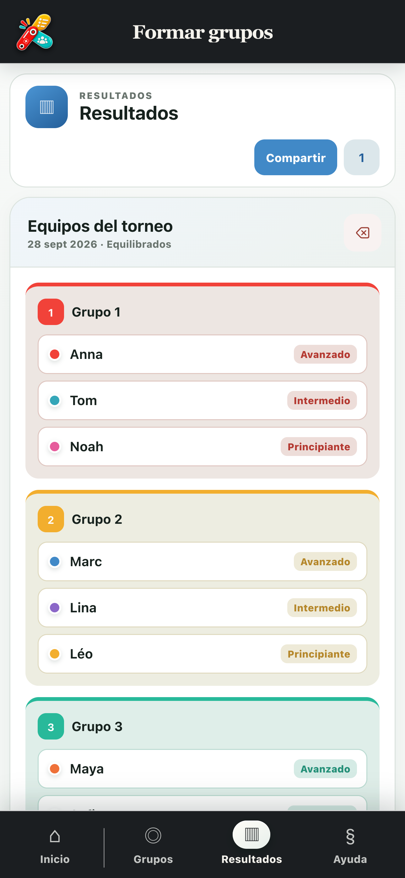 Resultado guardado con el resumen de los grupos formados