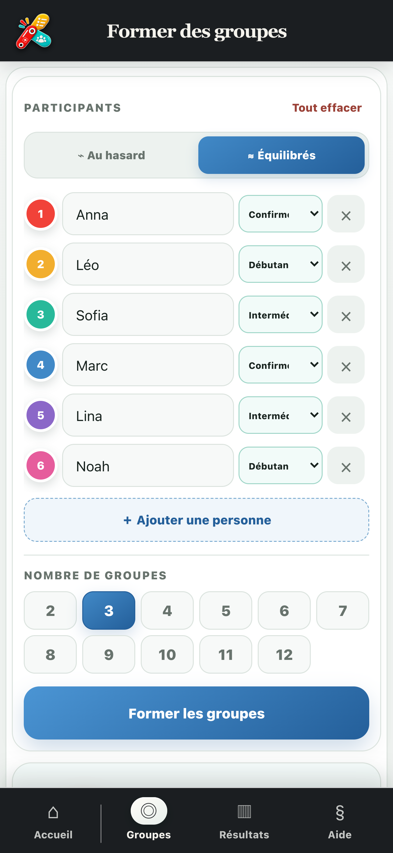 Participants avec leurs niveaux en mode groupes équilibrés