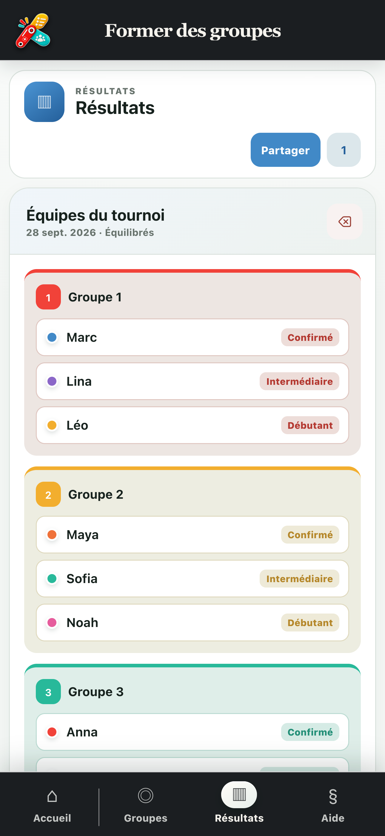 Résultat enregistré avec le récapitulatif des groupes formés