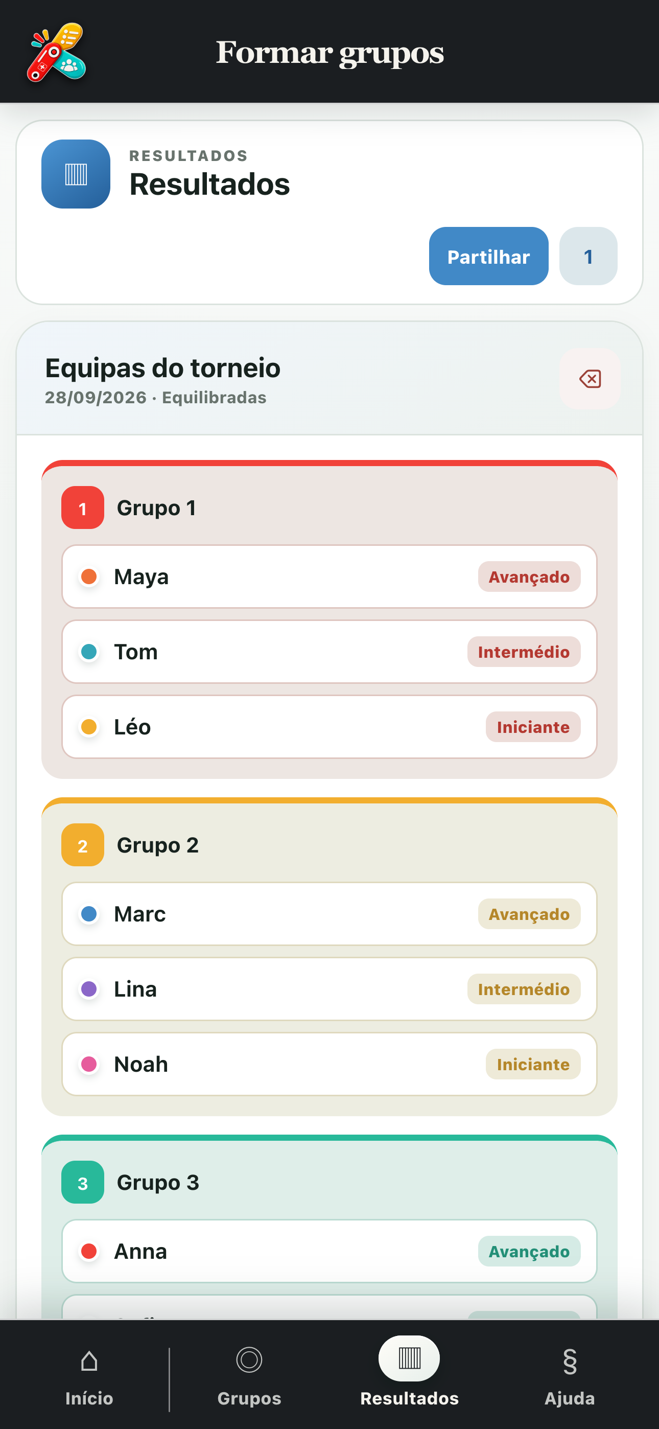 Resultado guardado com o resumo dos grupos formados