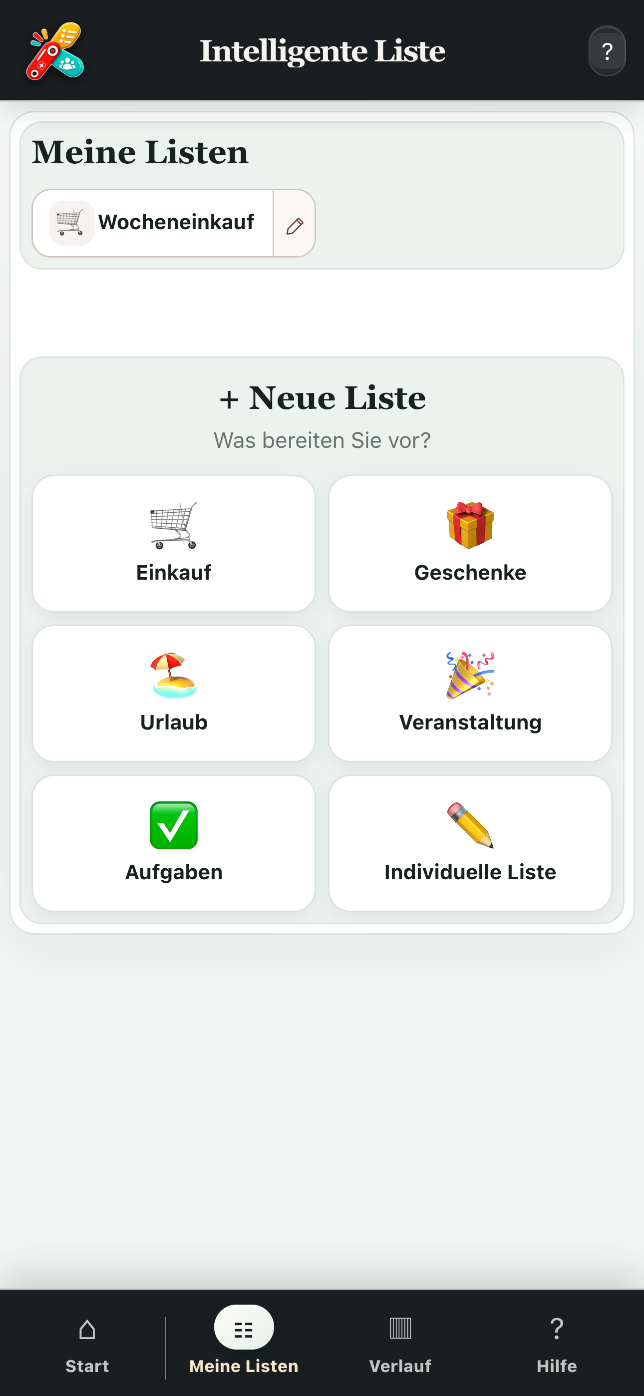 Vollständige Ansicht der verschiedenen Listentypen