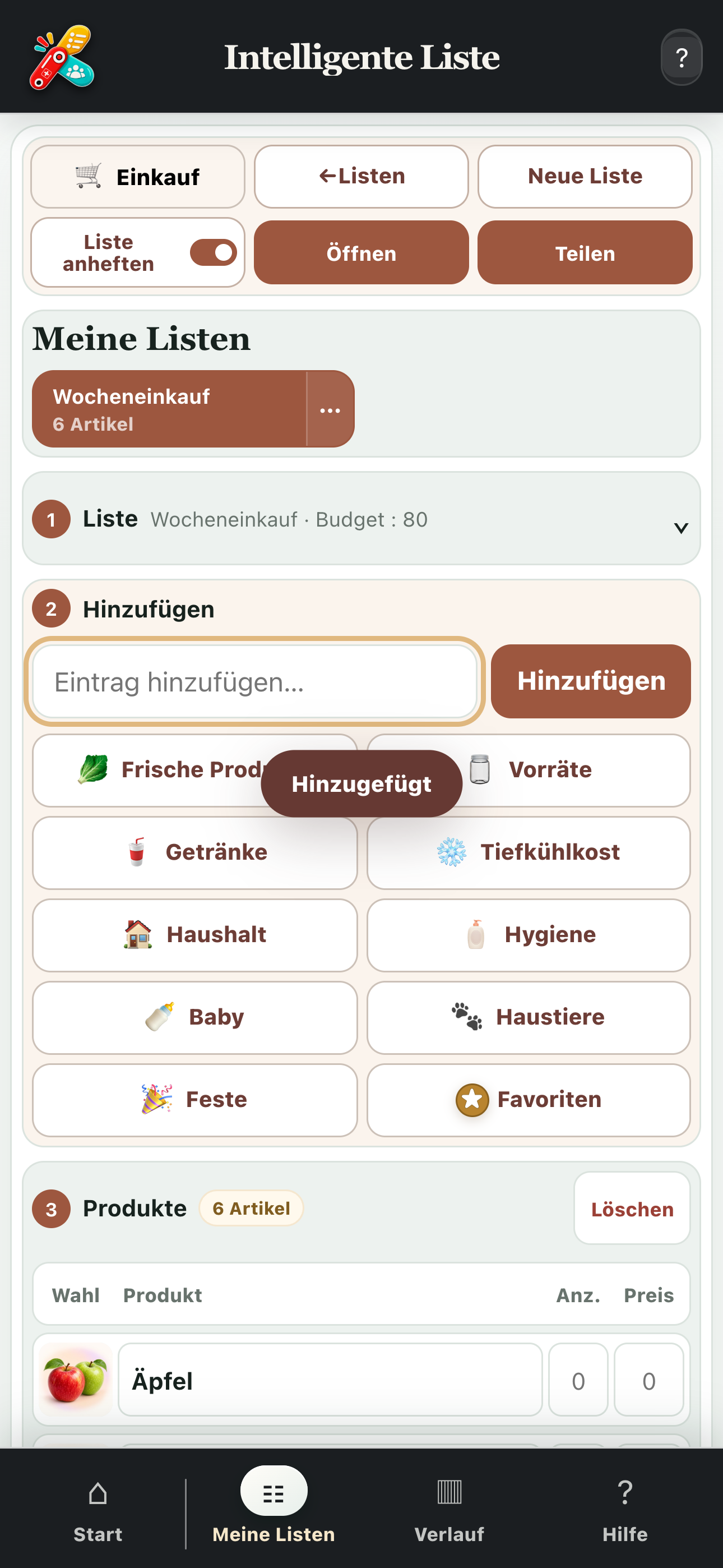 Vollständige Ansicht einer organisierten Einkaufsliste