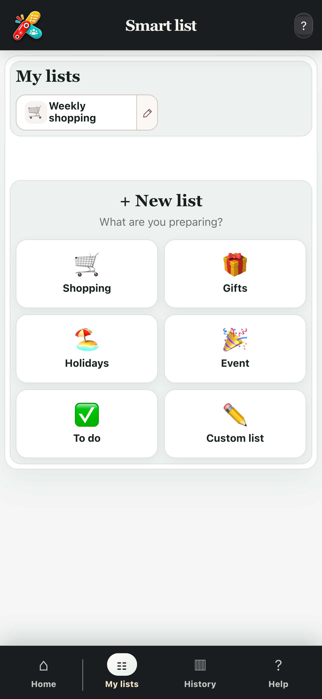 Full-screen view of the different list types