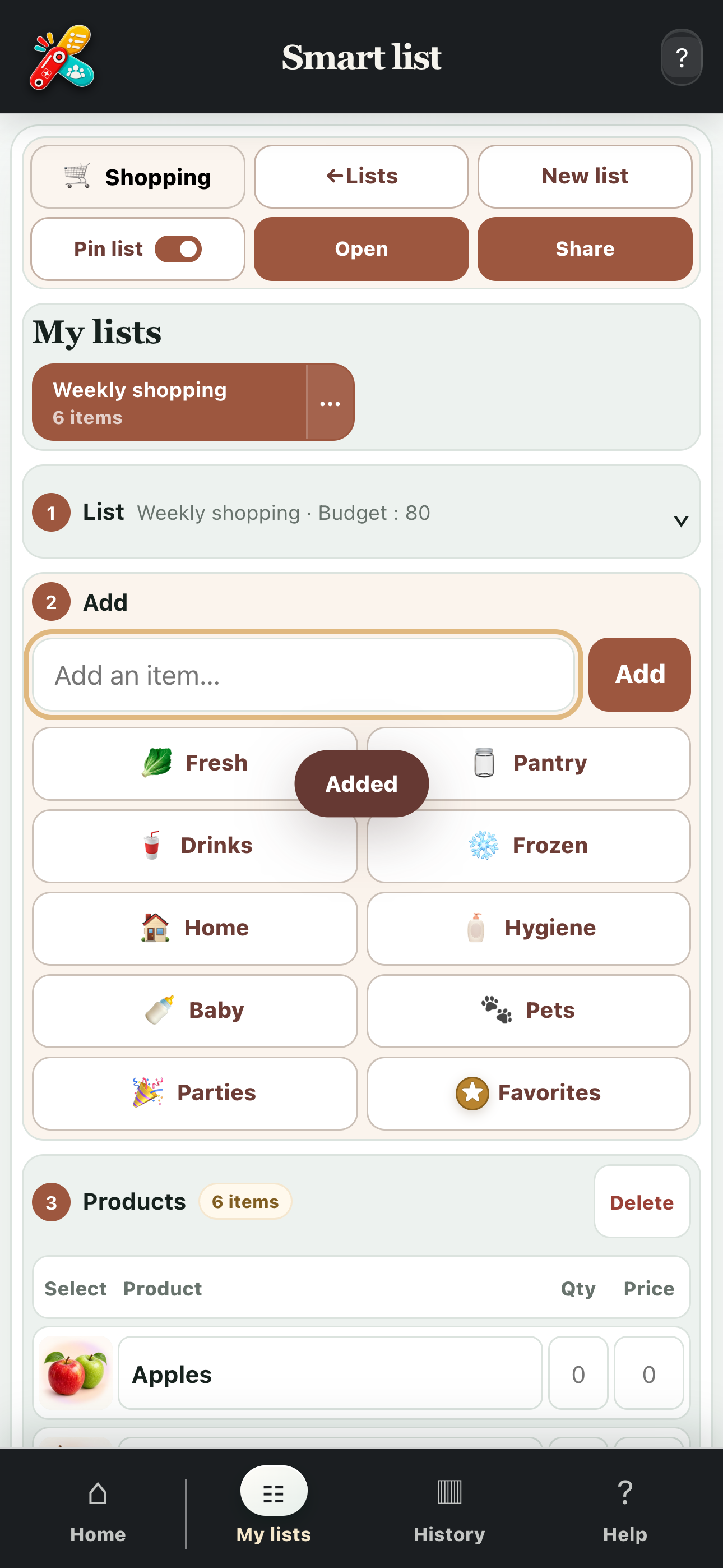 Full-screen view of an organised shopping list