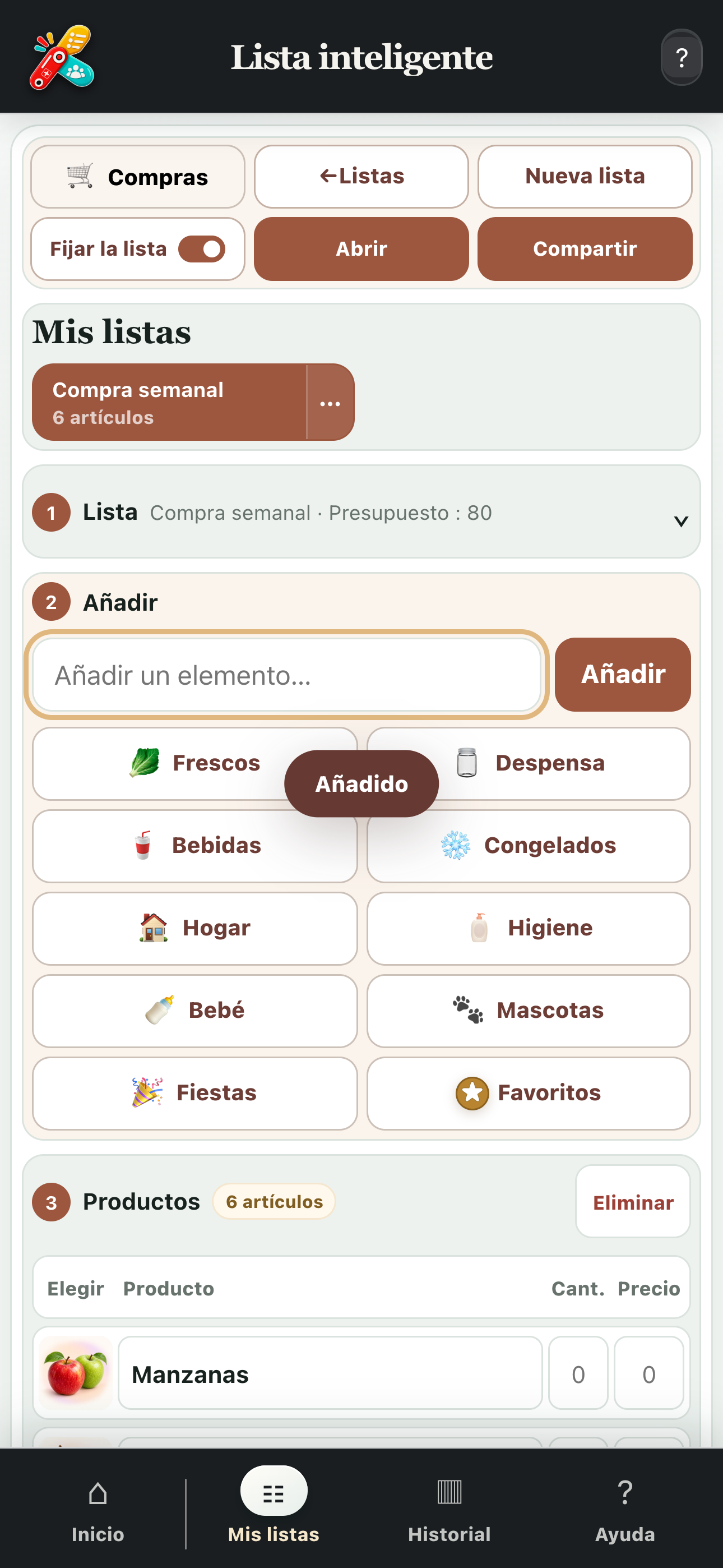 Pantalla completa de una lista de compras organizada