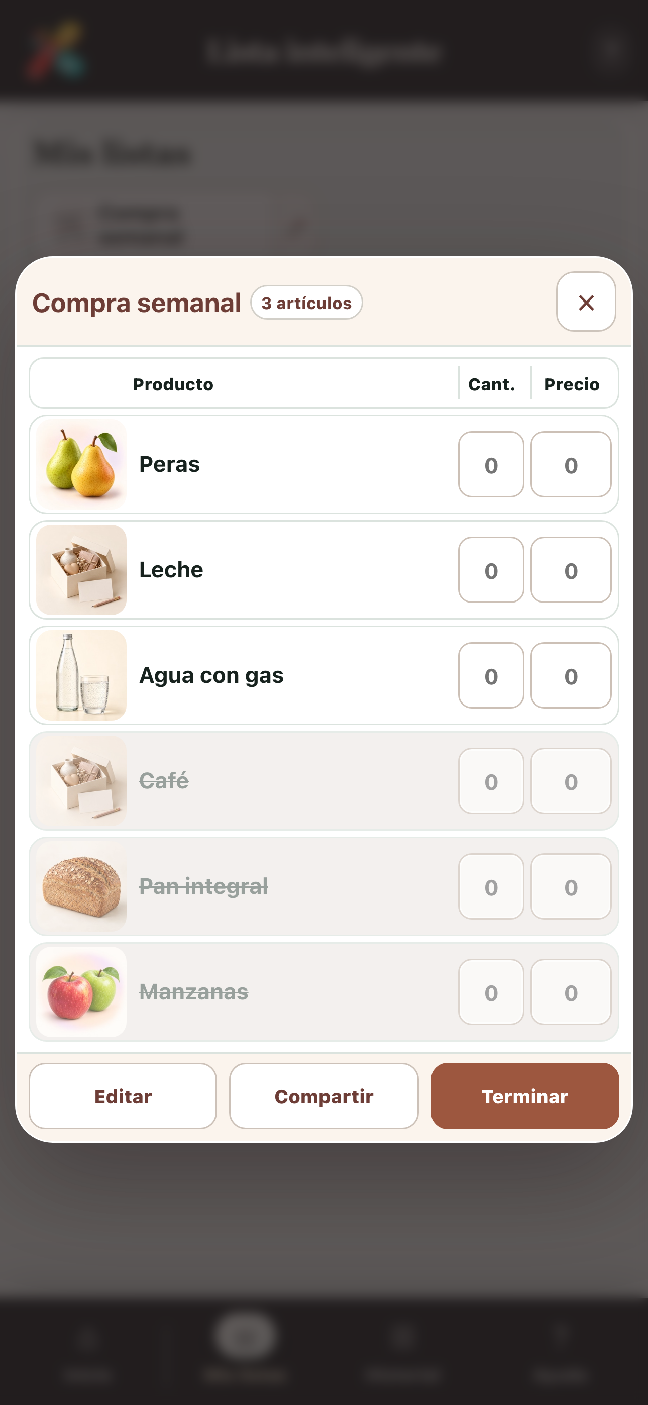 Pantalla completa de una lista de compras con varios artículos tachados