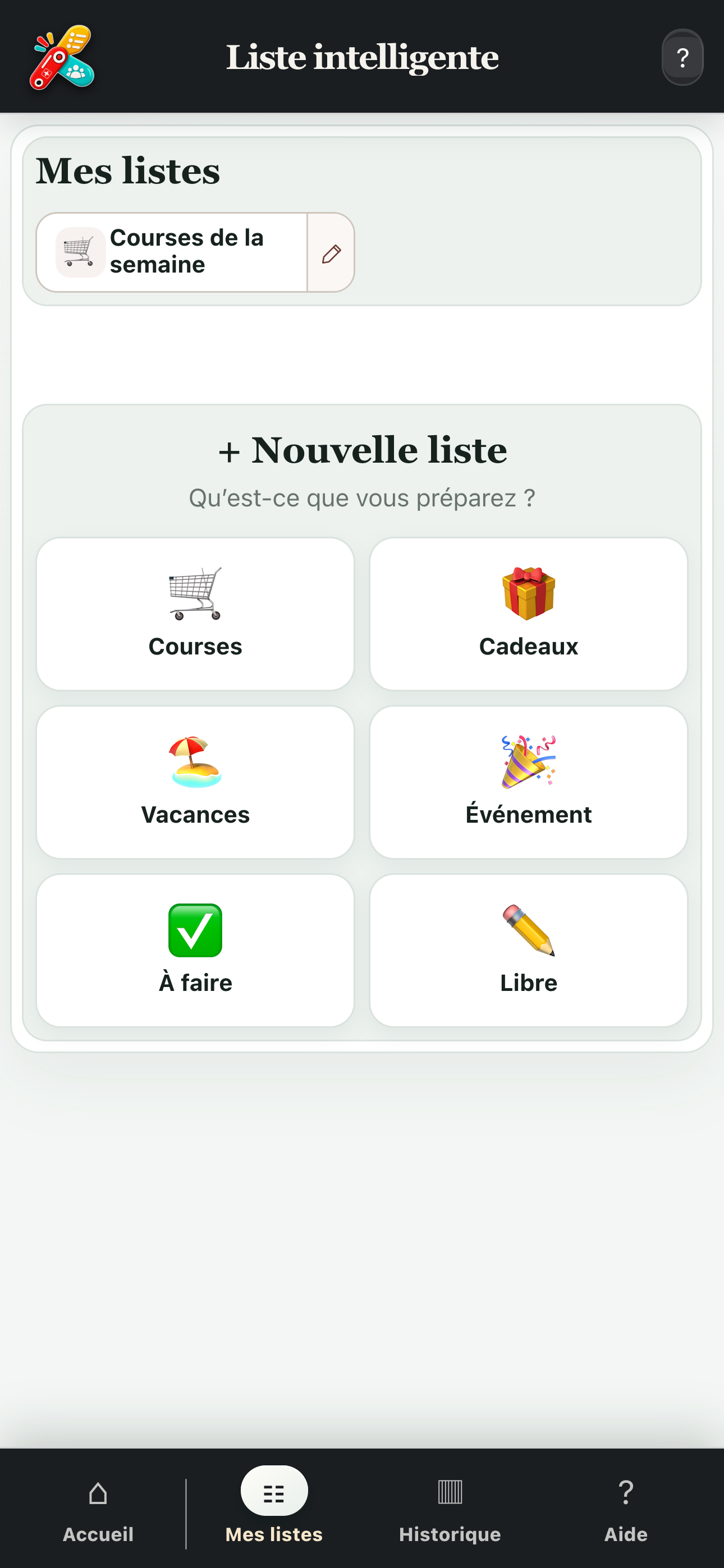 Écran complet présentant les différents types de listes