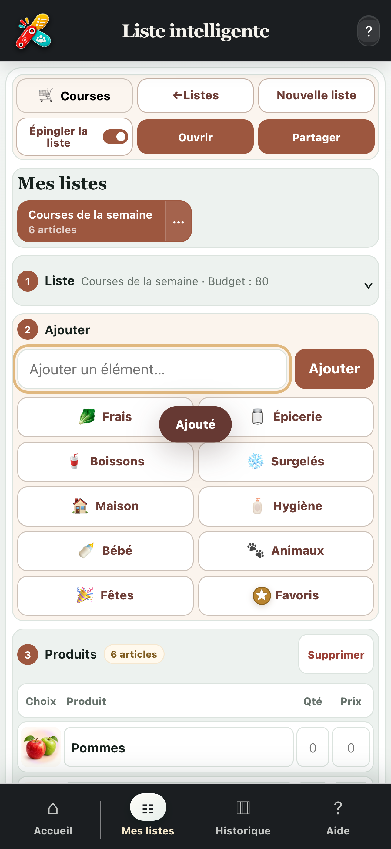 Écran complet d’une liste de courses organisée