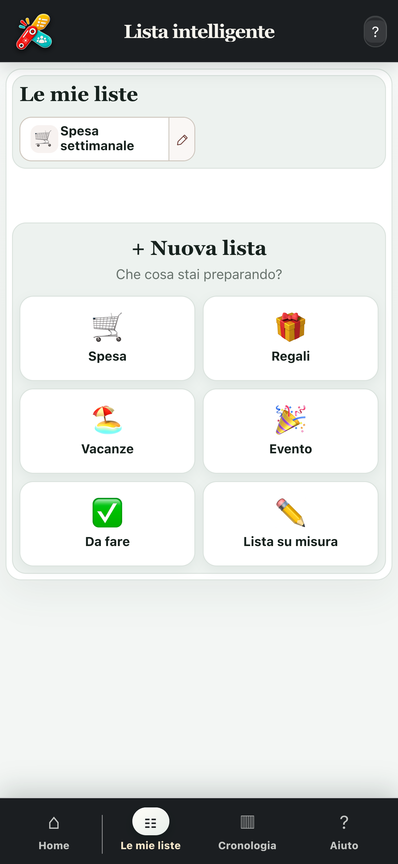 Schermata completa con i diversi tipi di lista