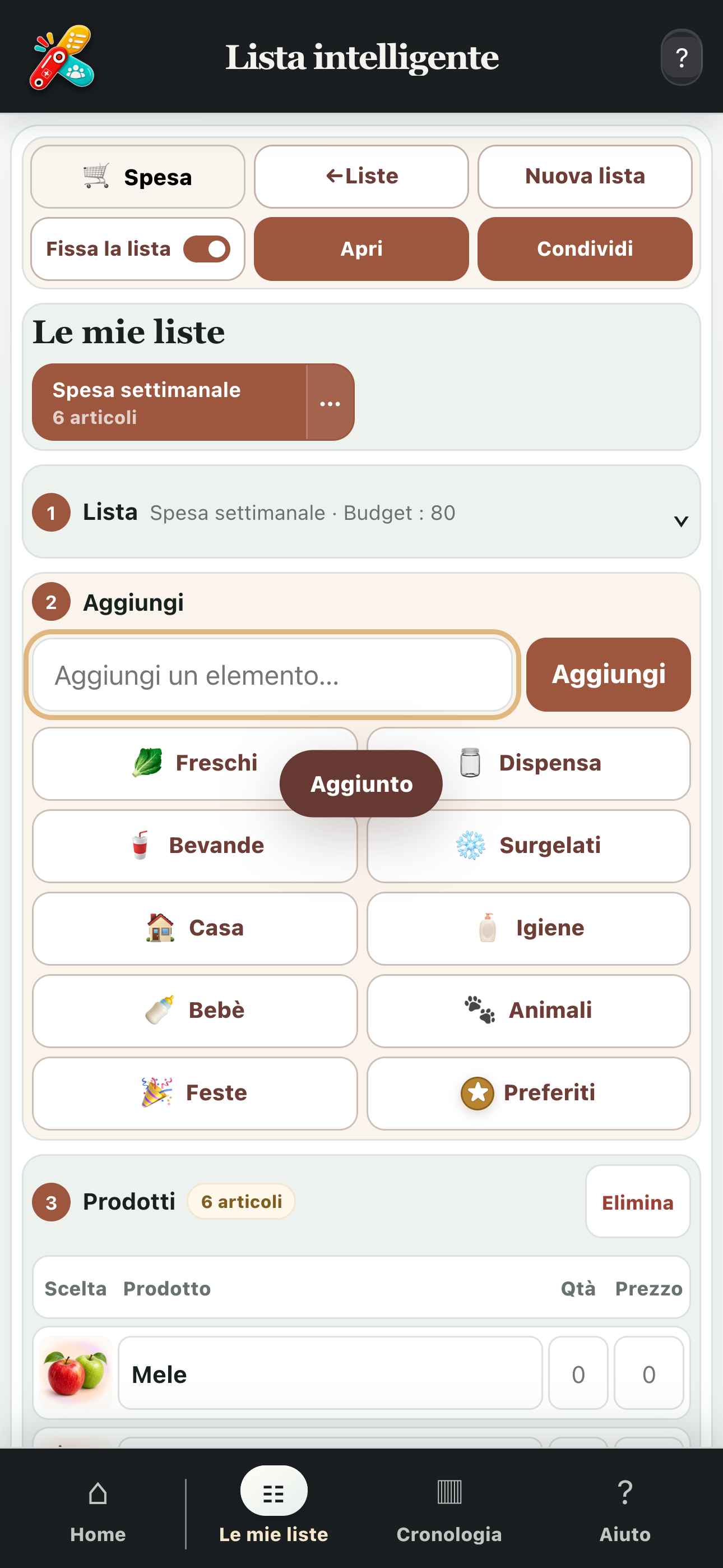 Schermata completa di una lista della spesa organizzata
