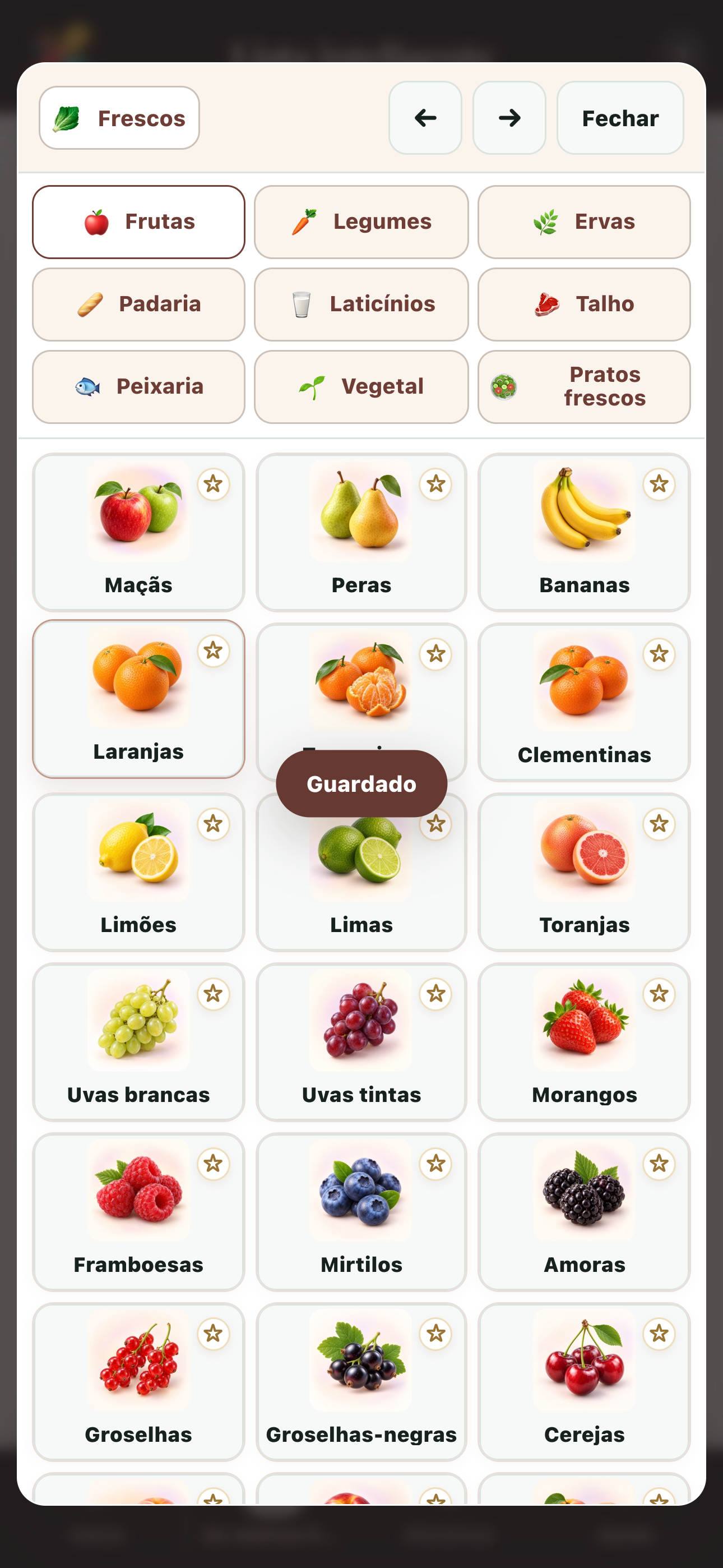 Ecrã completo do catálogo de produtos de Lista inteligente