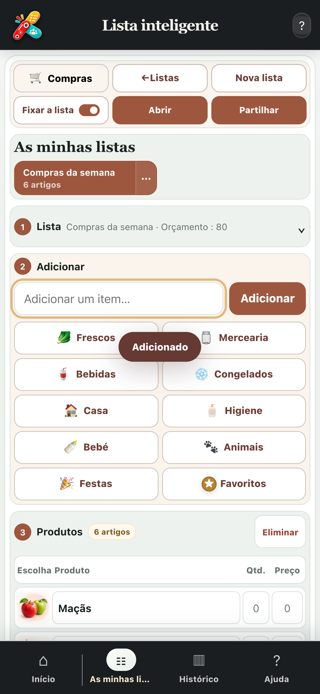 Ecrã completo de uma lista de compras organizada