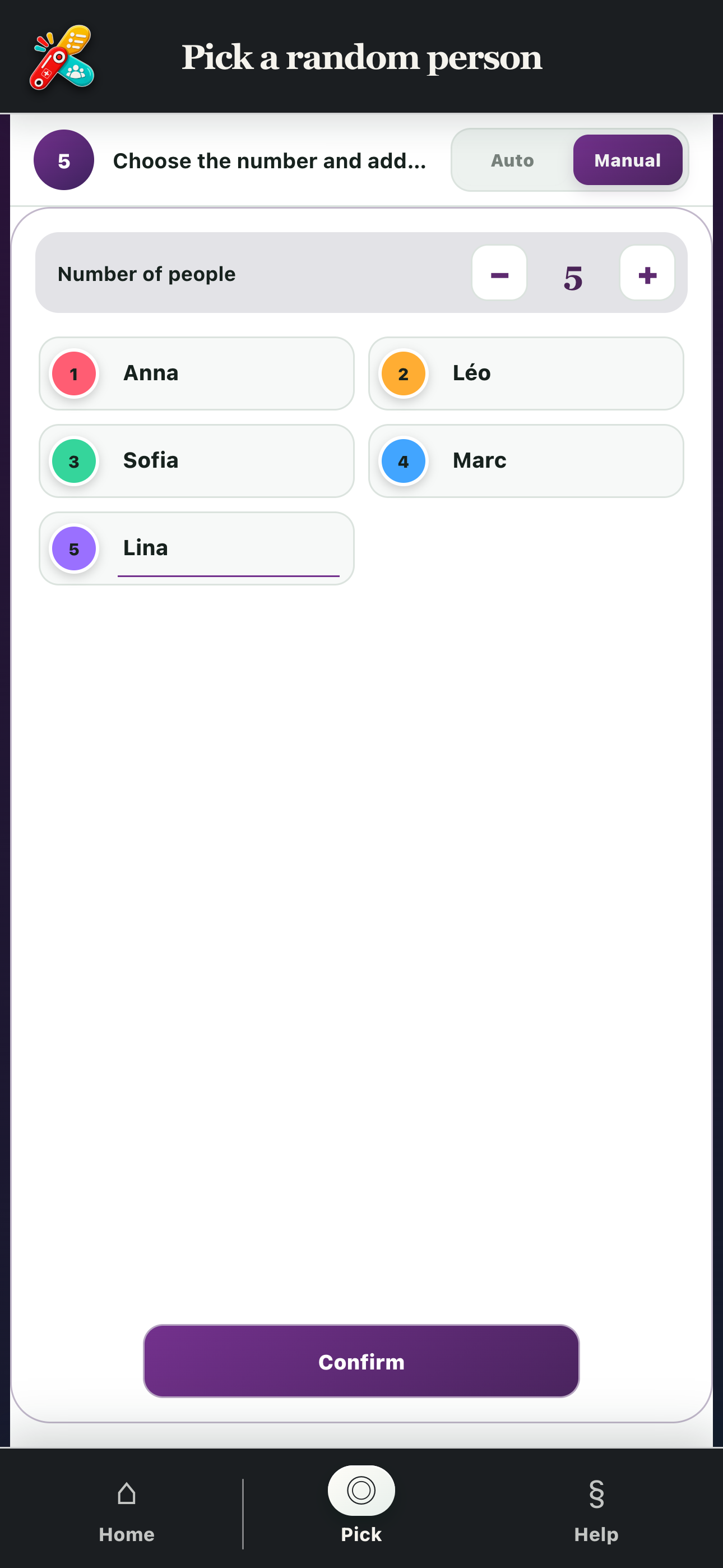 Manual entry of five names