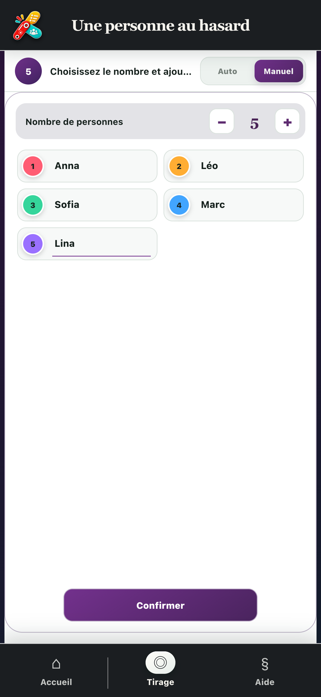Saisie manuelle de cinq prénoms