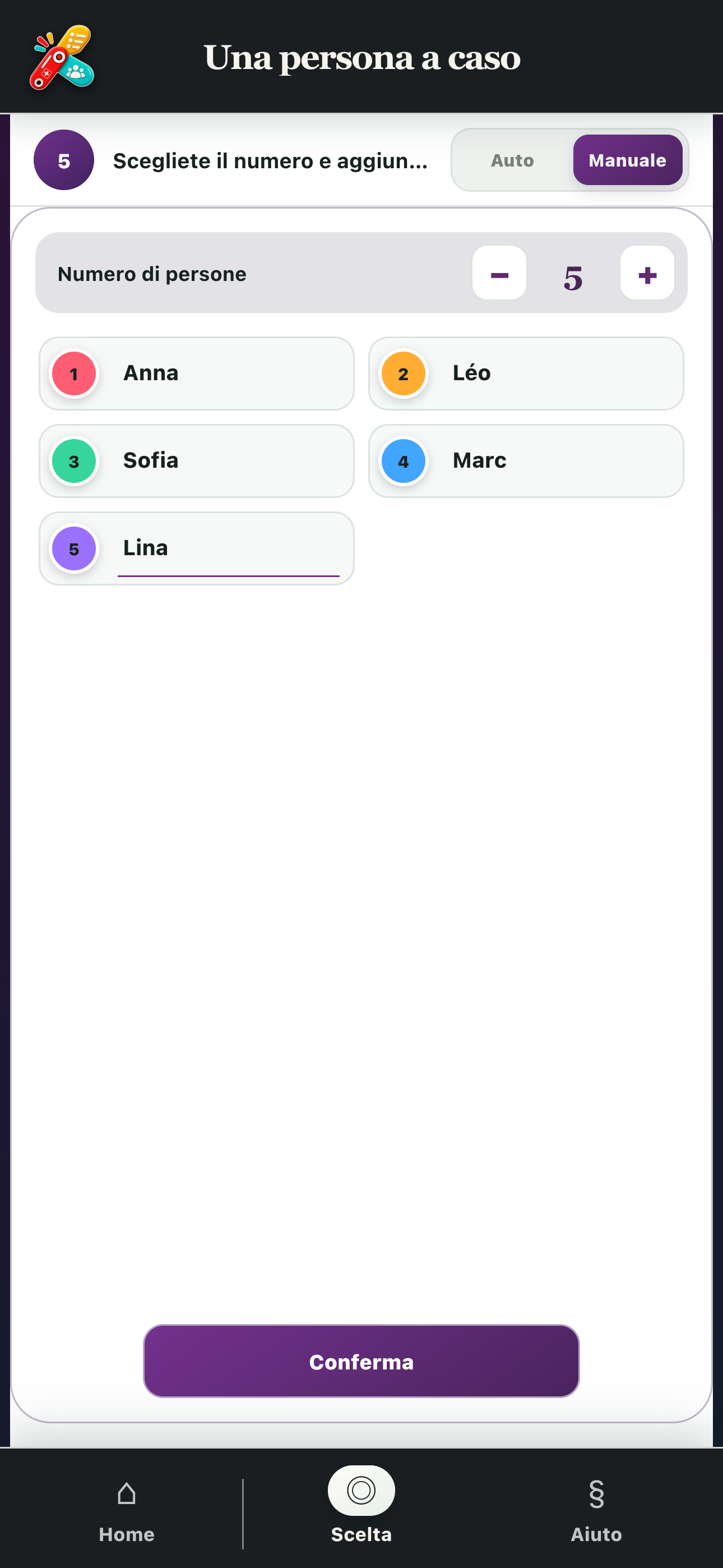 Inserimento manuale di cinque nomi