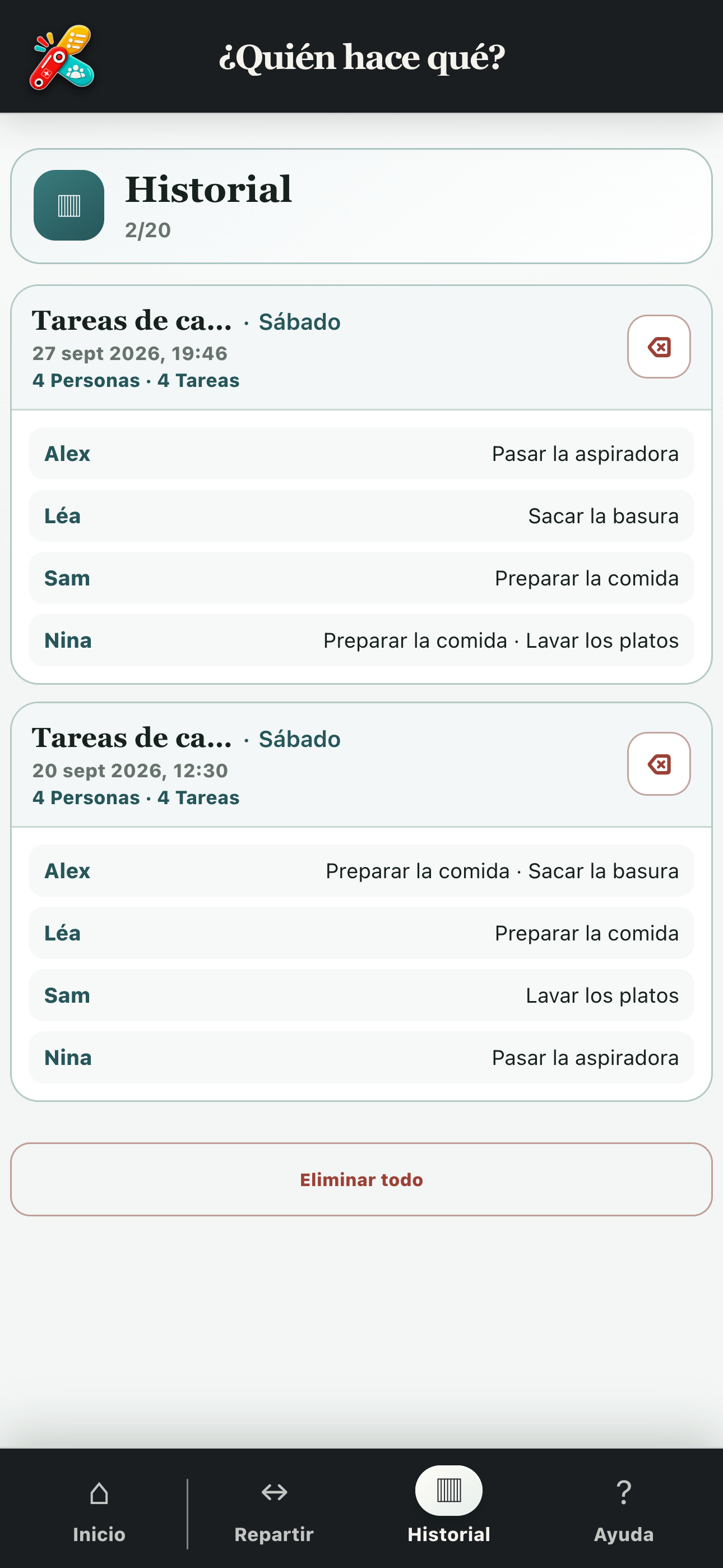 Historial de sorteos guardados en ¿Quién hace qué?