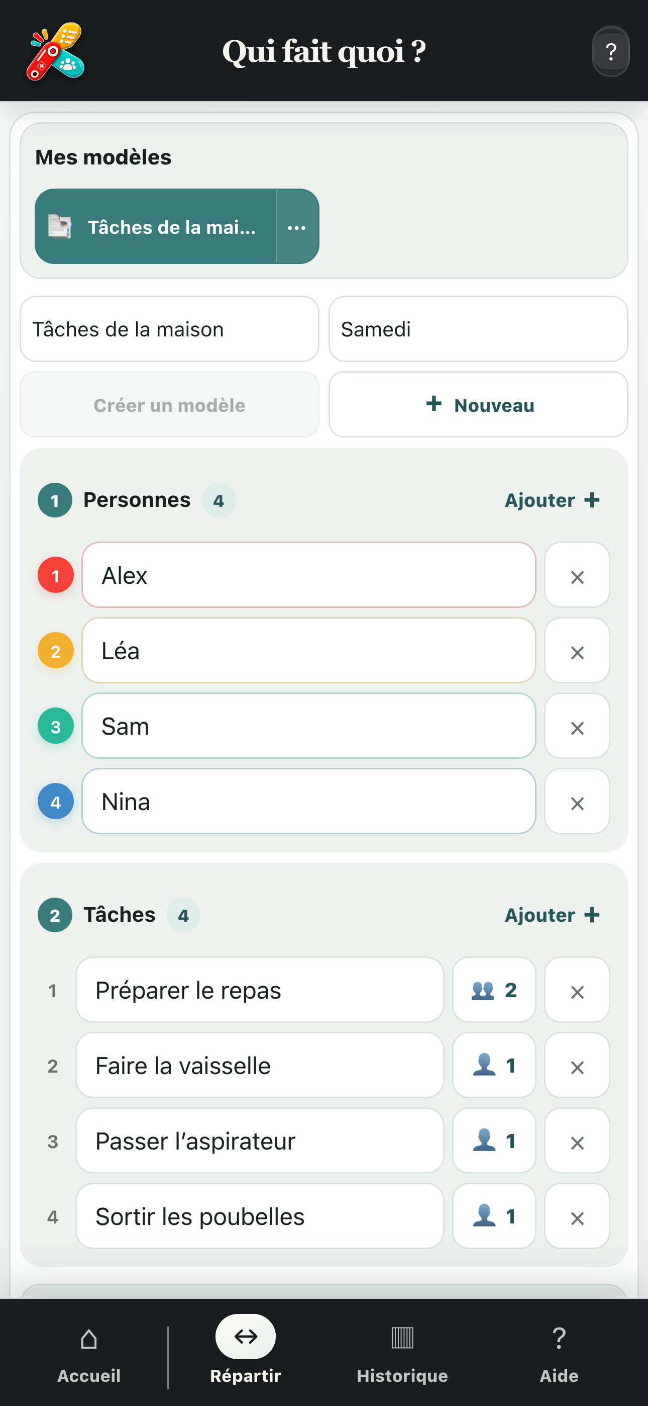 Personnes et tâches ajoutées dans l’outil Qui fait quoi ?