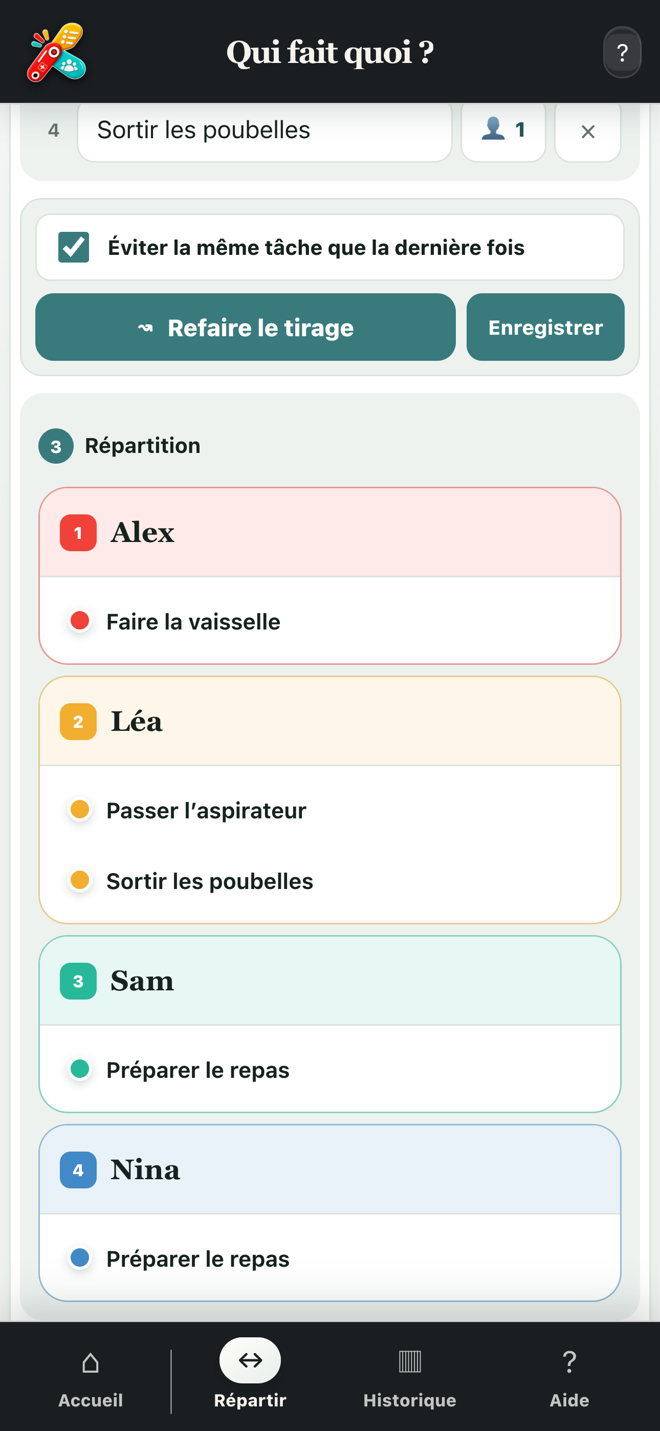 Résultat équilibré d’une répartition de tâches