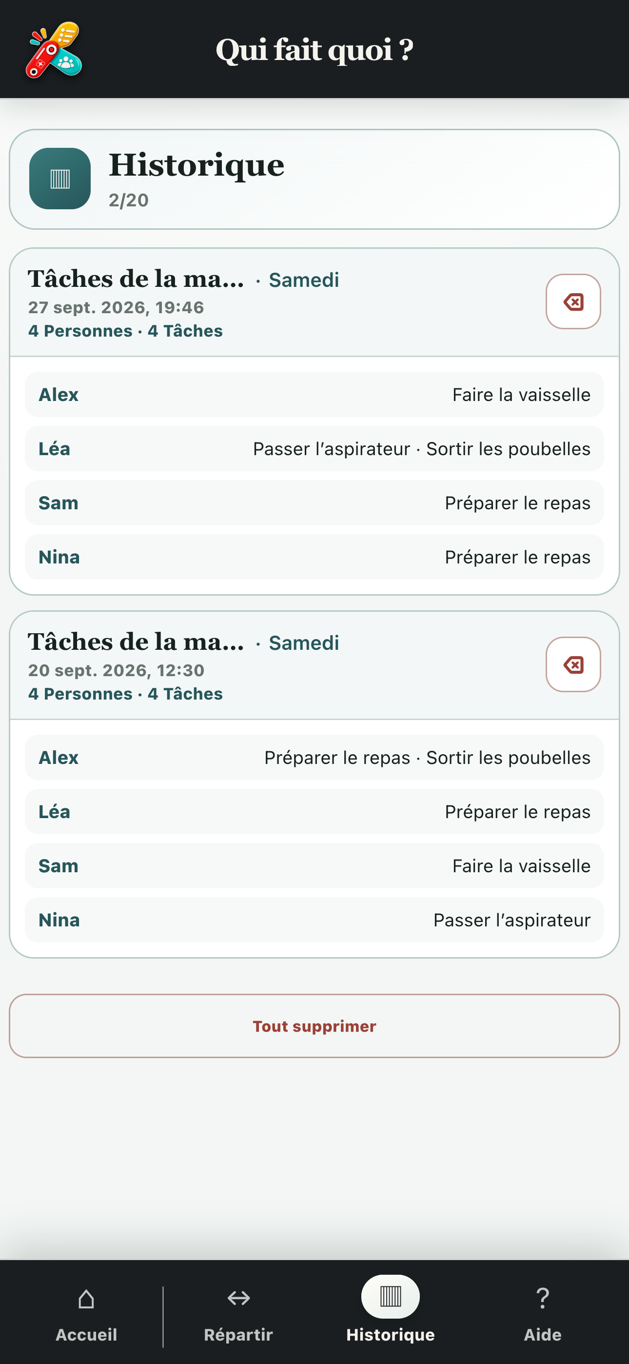 Historique des tirages enregistrés dans Qui fait quoi ?