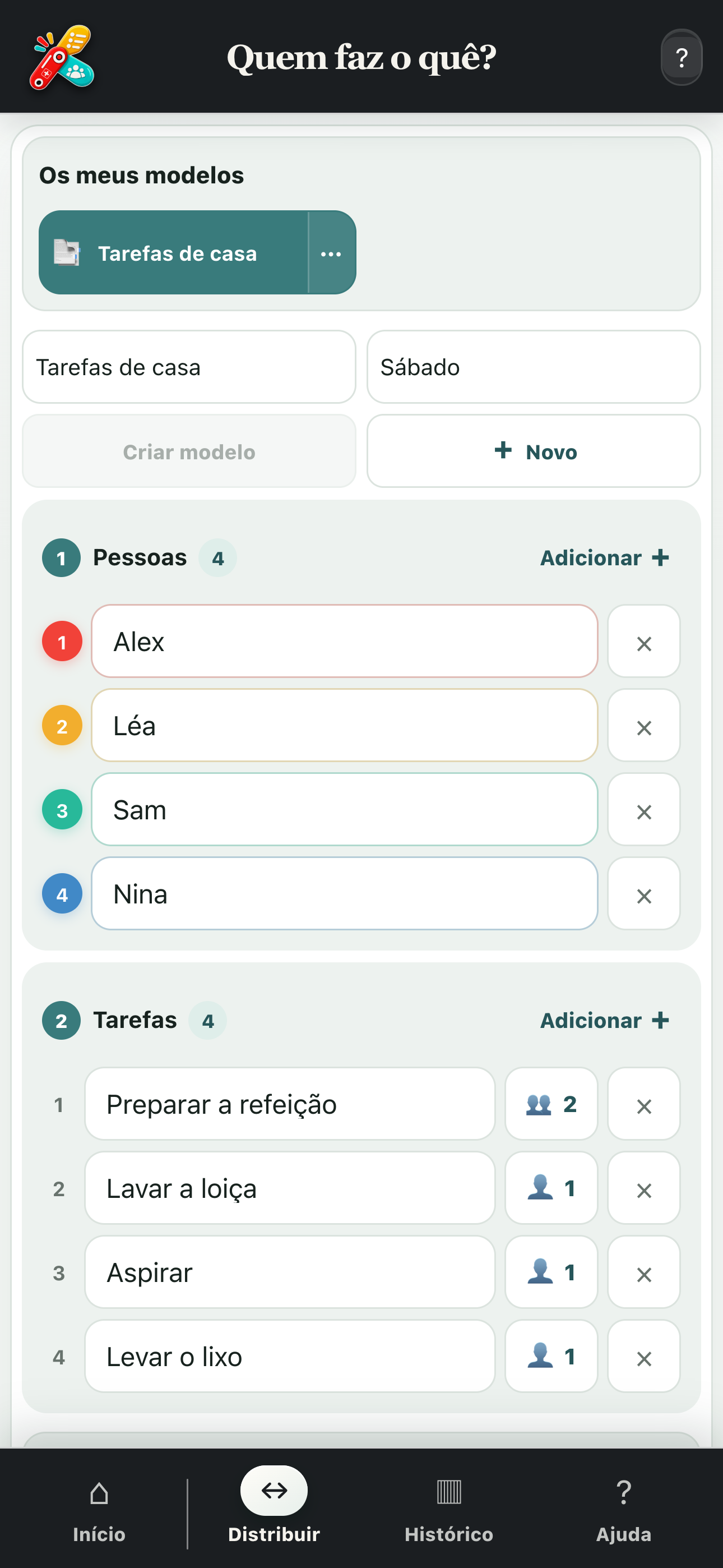 Pessoas e tarefas adicionadas à ferramenta Quem faz o quê?