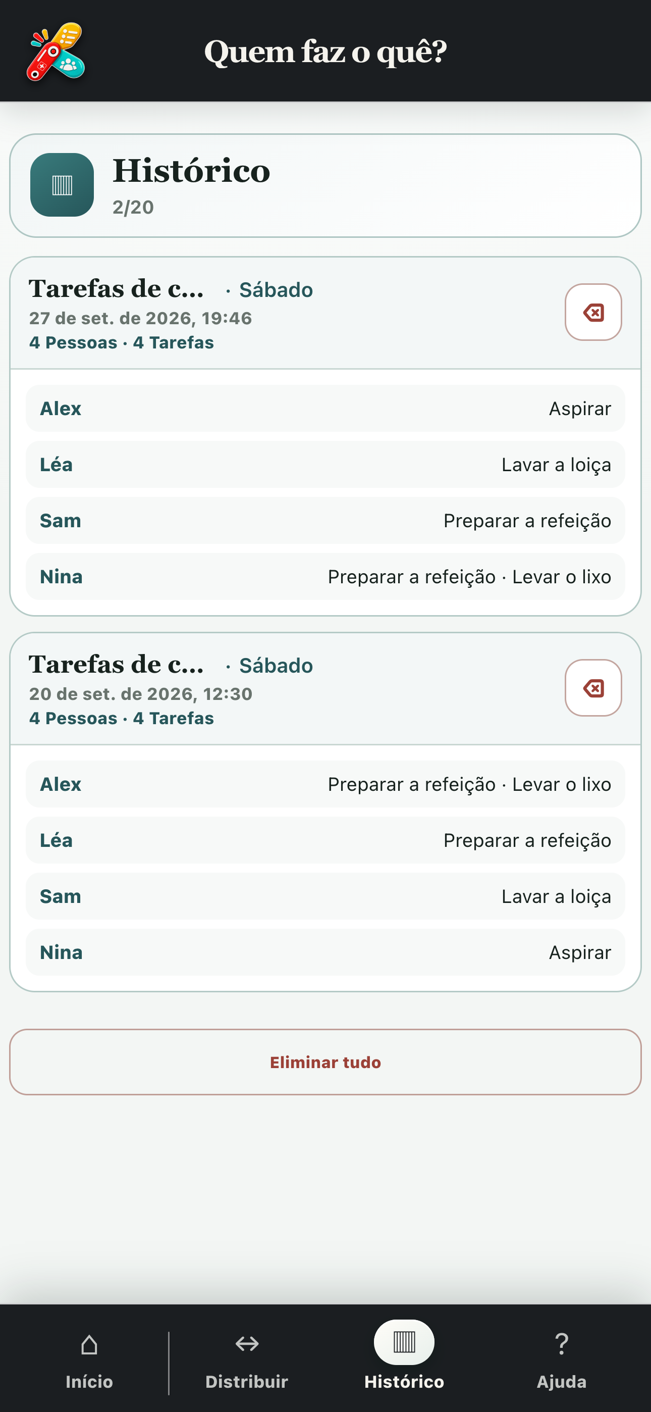 Histórico dos sorteios guardados em Quem faz o quê?