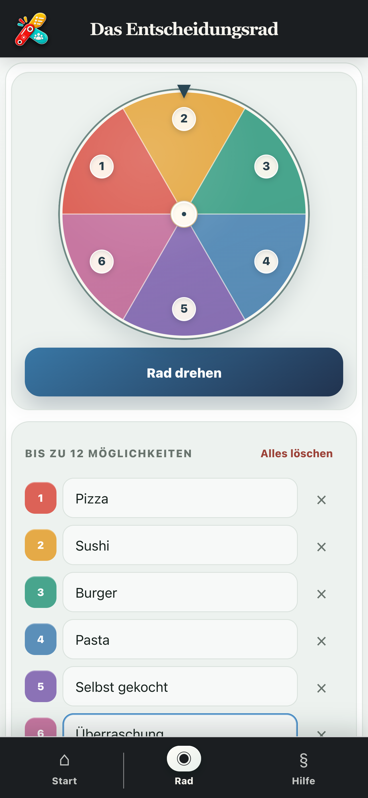 Angepasstes Rad mit sechs Essensideen