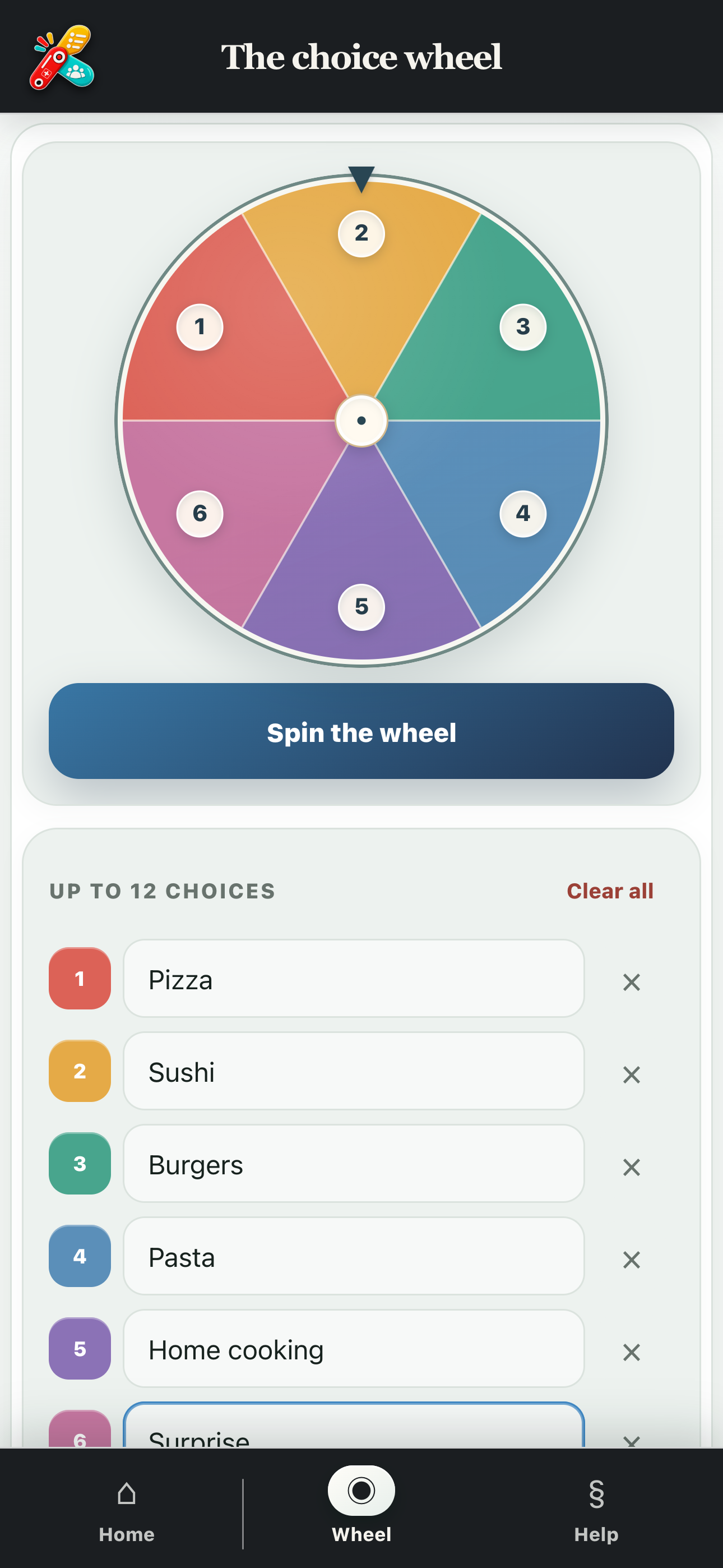 Custom wheel with six meal ideas