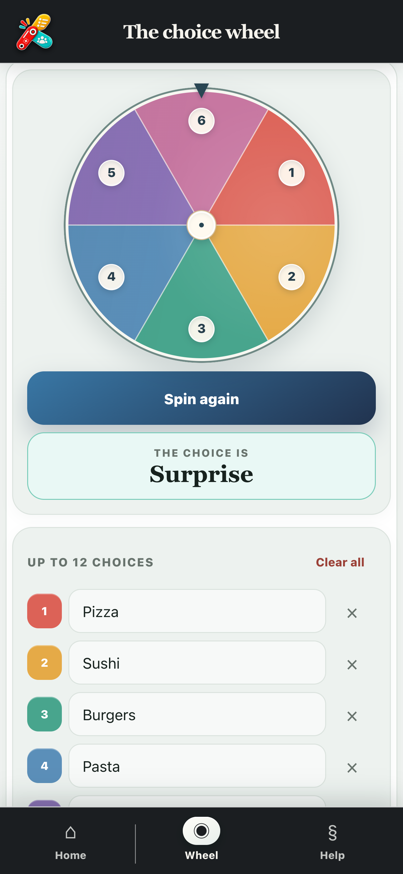 Result shown after spinning the wheel